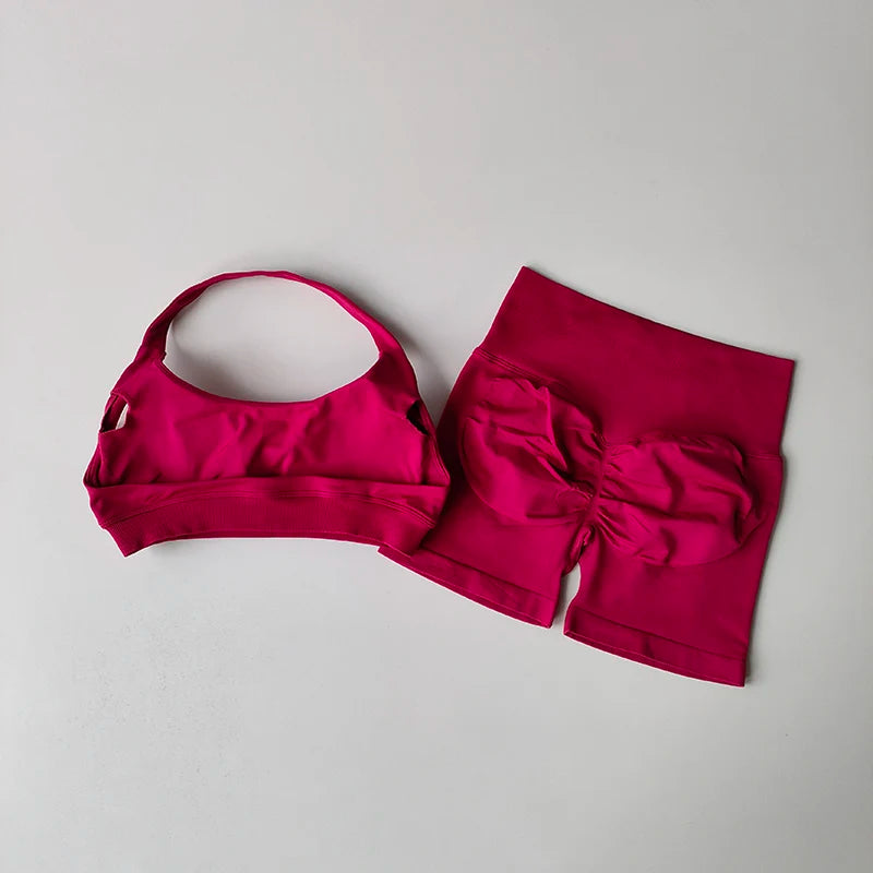 Sexy Halter Neck Beautiful Back High Waist Peach Sports Bras Shorts Suit Pilates Gathering Yoga Vest Training Fitness Bra Sets
