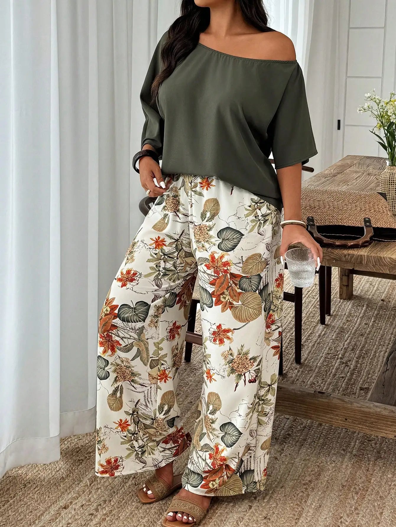 Plus Size Women 2-Piece Linen-Like Crinkle Top And Floral Print Wide Leg Pants Casual Spring Summer Outfit