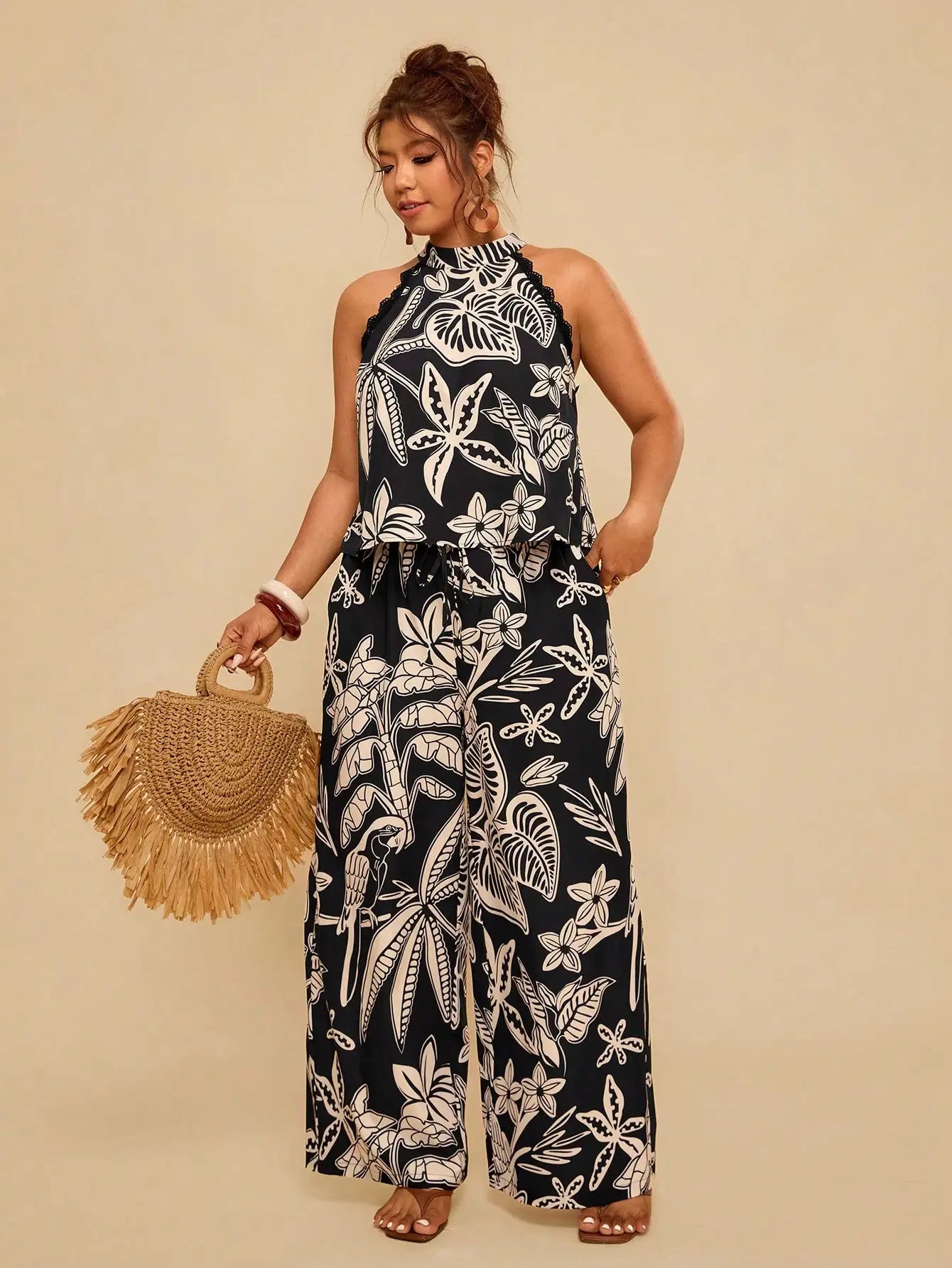 Floral Print Halter Neck Sleeveless Lace Trim 2 Piece Set Women Summer Boho Wide Leg Pants Outfit