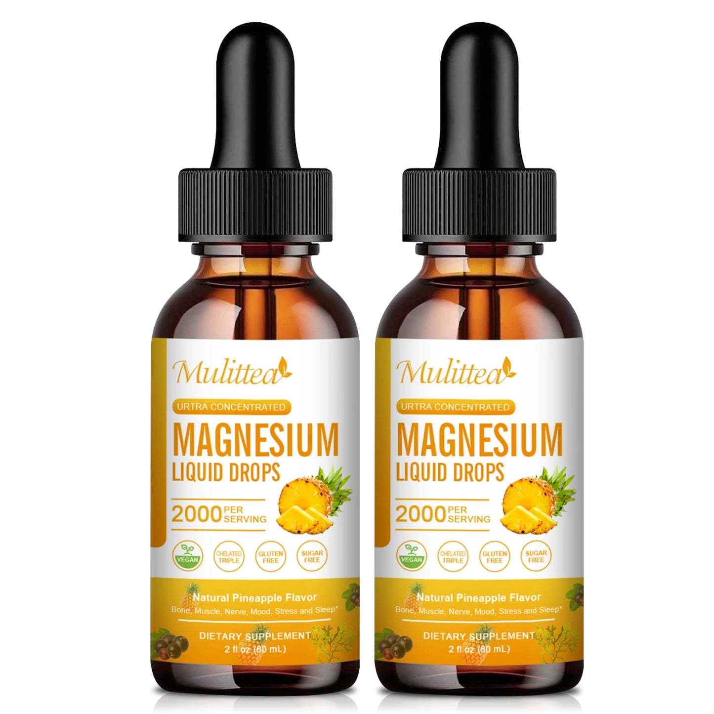 Mulittea Magnesium Glycinate Drops In Pineapple Flavor For Calming Mood, Muscles Sleep, Promoting Nerves and Relaxation