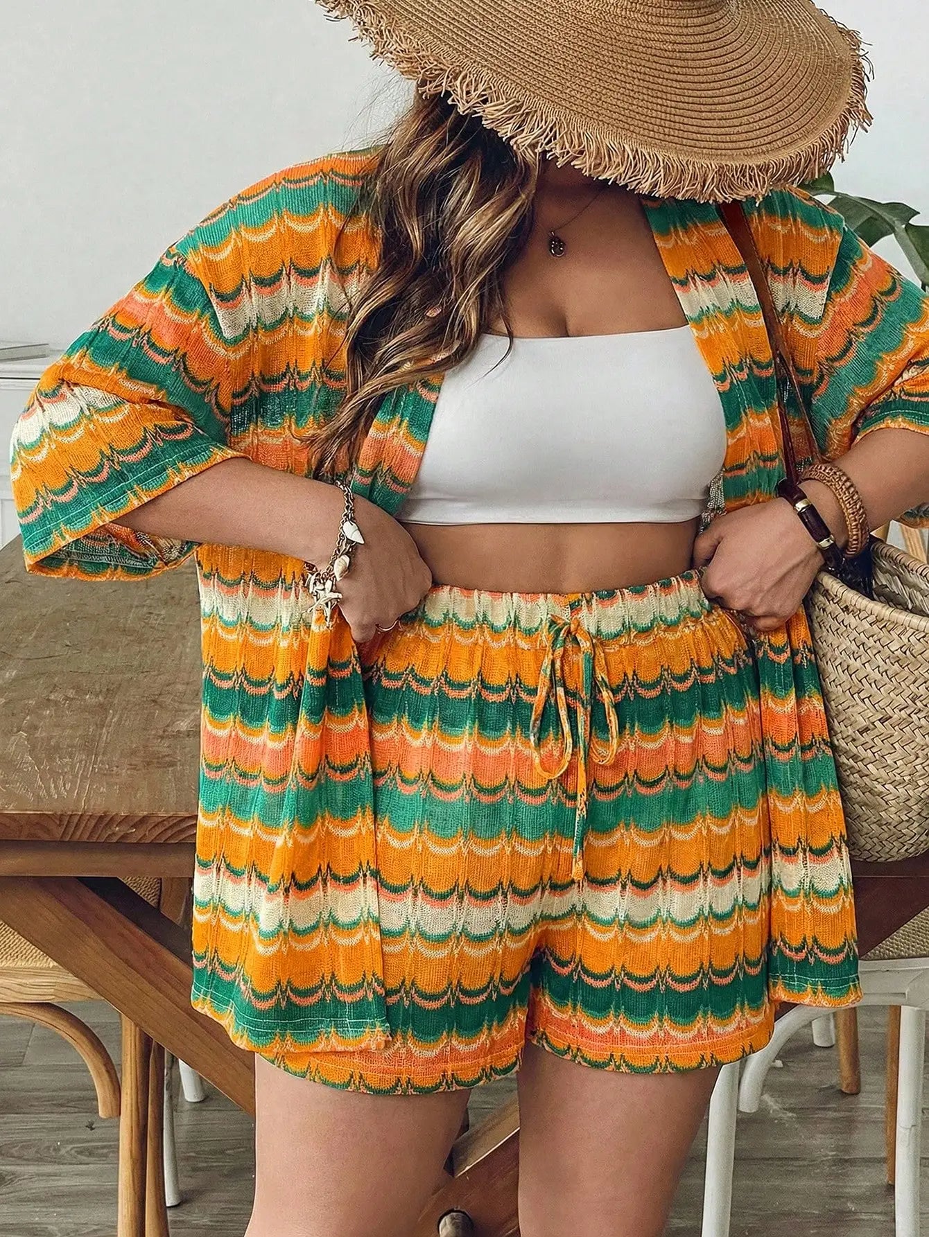 Women Blue White Striped Knit 2 Piece Set Summer Boho Chic Shorts And Kimono Cardigan Outfit