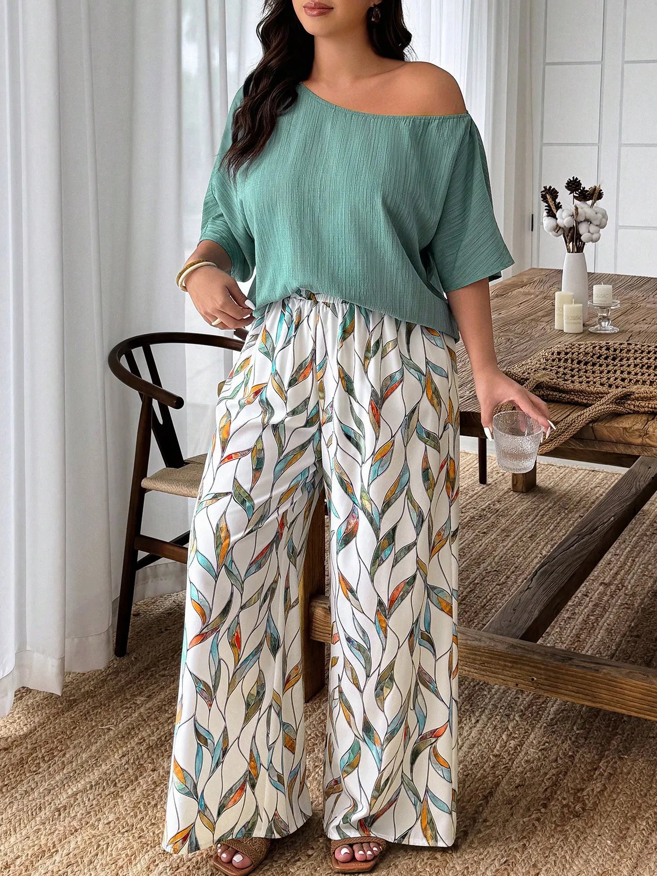 Plus Size Women 2-Piece Linen-Like Crinkle Top And Floral Print Wide Leg Pants Casual Spring Summer Outfit