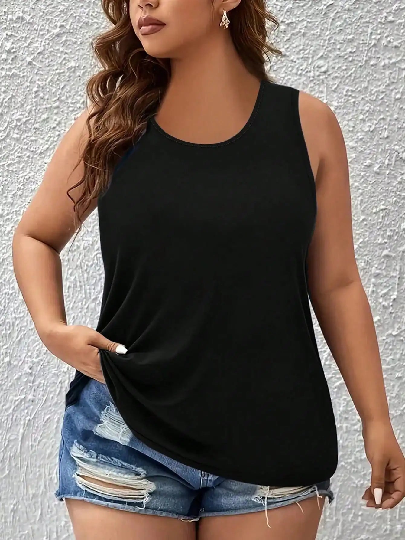 Plus Size Summer Casual Solid Black Tank Top