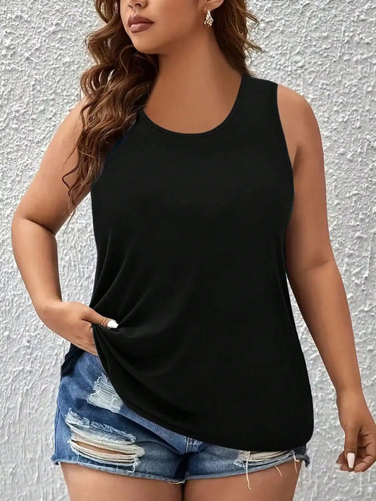 Plus Size Summer Casual Solid Black Tank Top