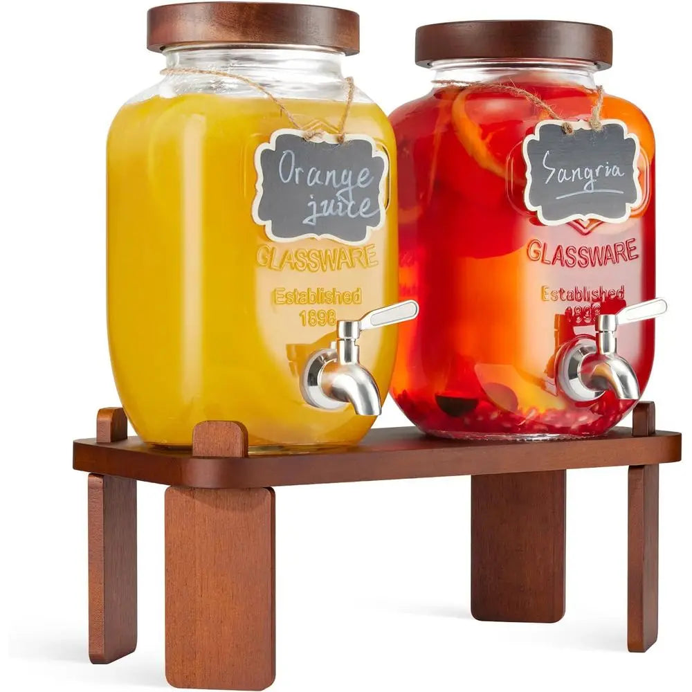 Double Glass Beverage Dispenser with Wooden Stand, Stainless Steel Spigot for Lemonade, Punch, Cocktails, and Iced Tea