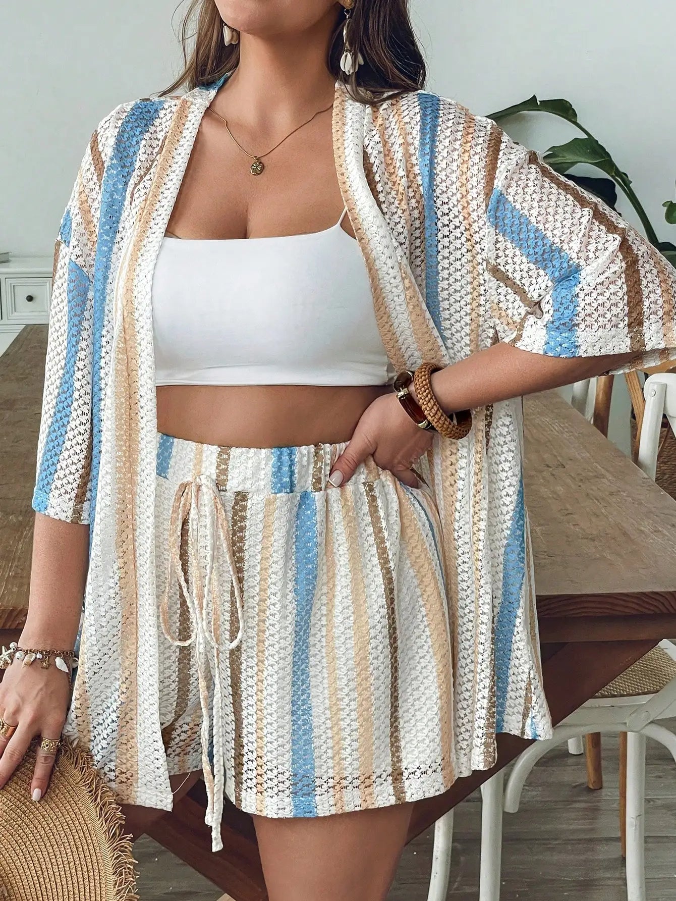 Women Blue White Striped Knit 2 Piece Set Summer Boho Chic Shorts And Kimono Cardigan Outfit