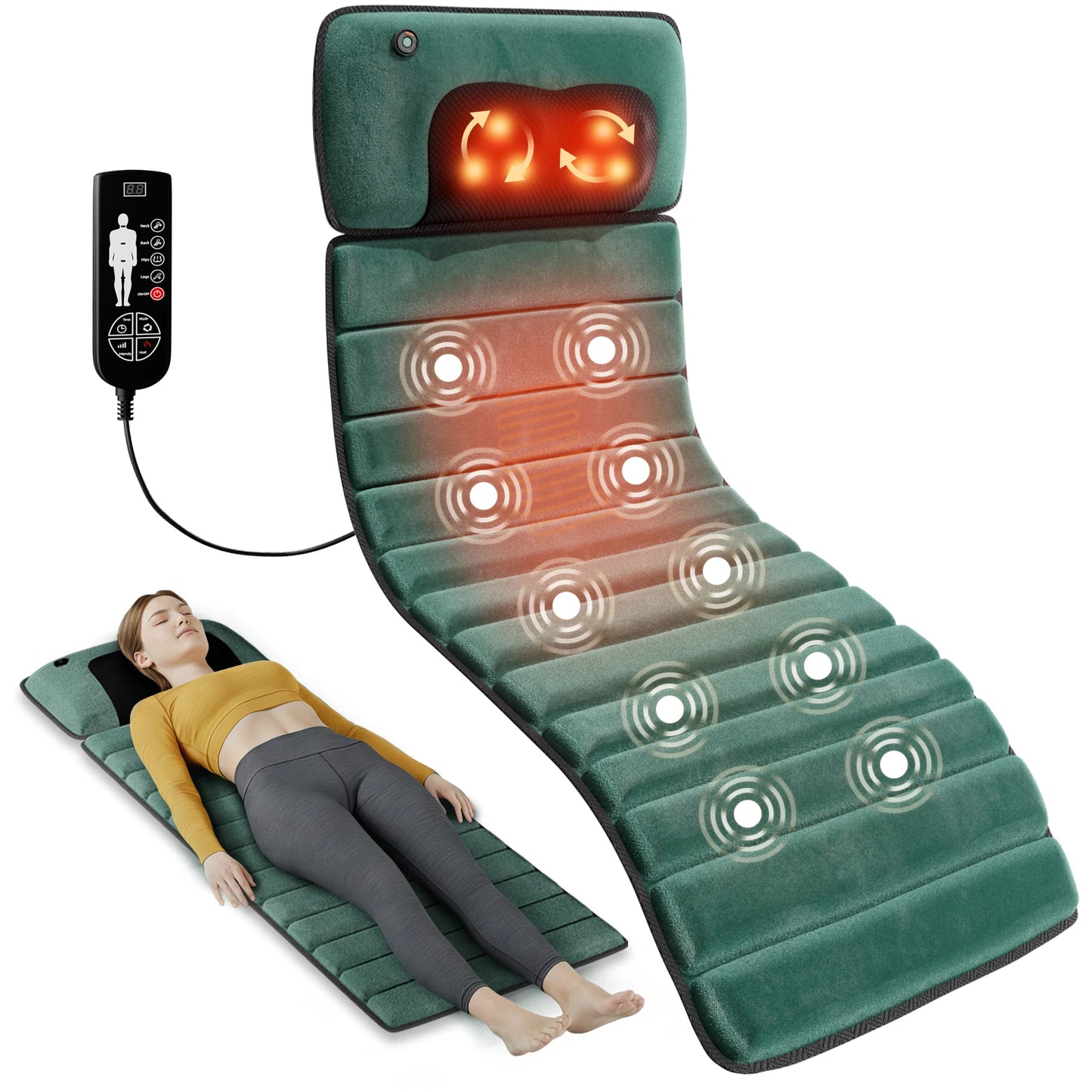 Full Body Massage Mat with Heat, Detachable Massager Pad Deep Tissue Pain Relief,10 Vibrating Motors and 9 Speed Settings Relax