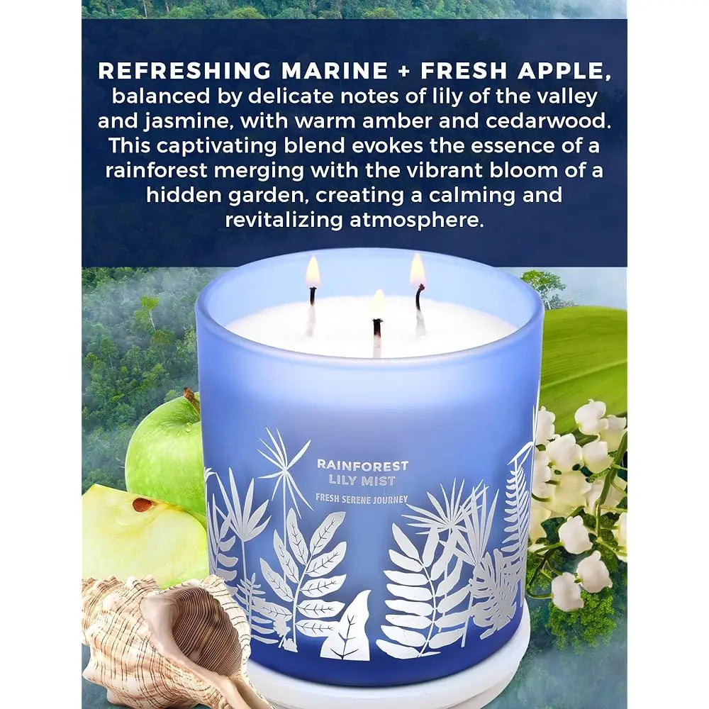 Large 3-Wick Soy Candle 14.5oz | Rainforest Lily Mist Scented Candle | Fresh Floral Aromatherapy Candle | Slow & Clean Burnin