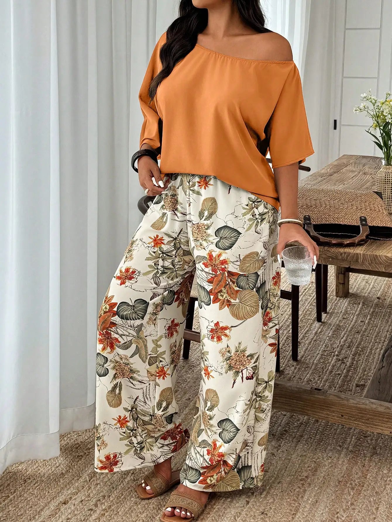 Plus Size Women 2-Piece Linen-Like Crinkle Top And Floral Print Wide Leg Pants Casual Spring Summer Outfit