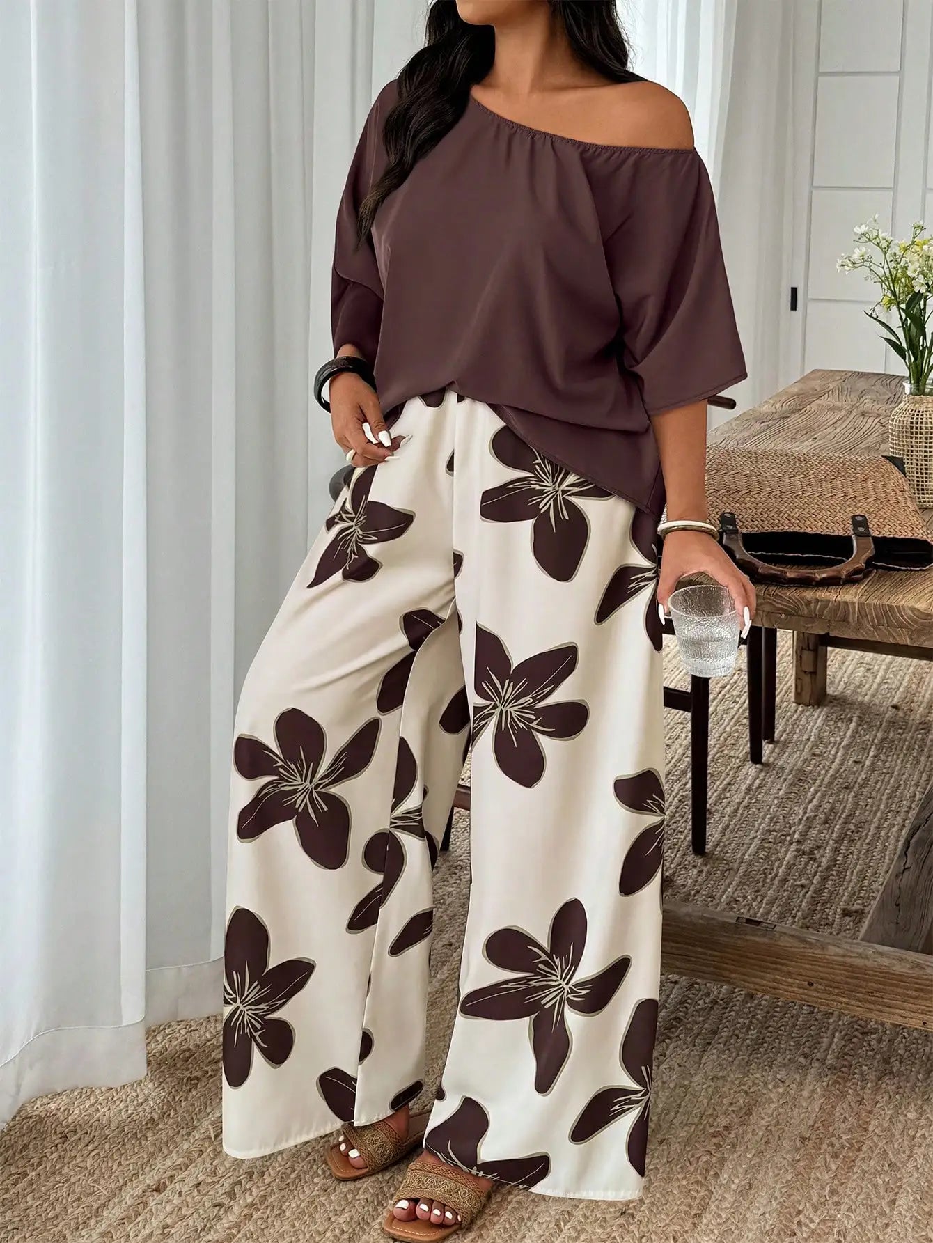 Plus Size Women 2-Piece Linen-Like Crinkle Top And Floral Print Wide Leg Pants Casual Spring Summer Outfit