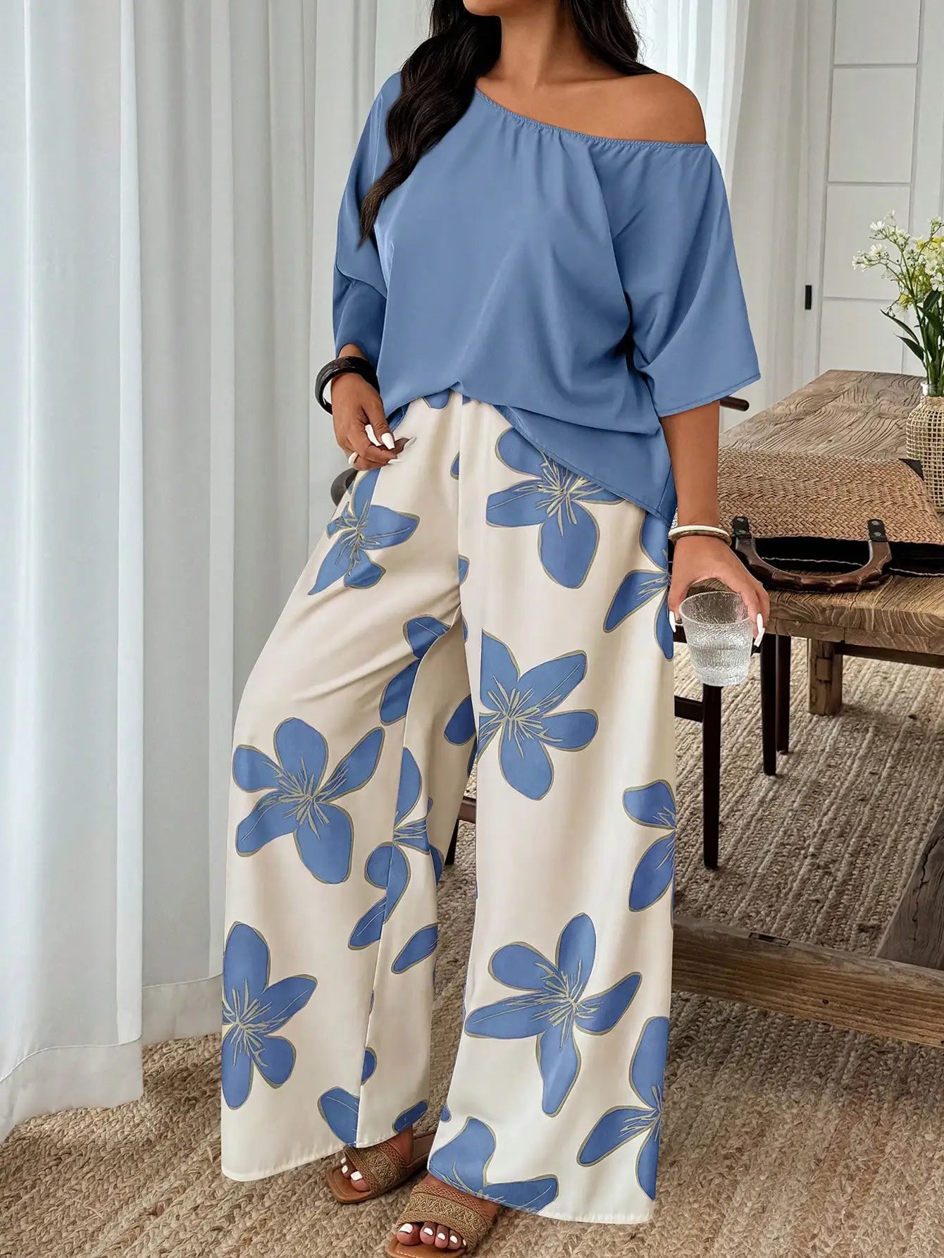 Plus Size Women 2-Piece Linen-Like Crinkle Top And Floral Print Wide Leg Pants Casual Spring Summer Outfit