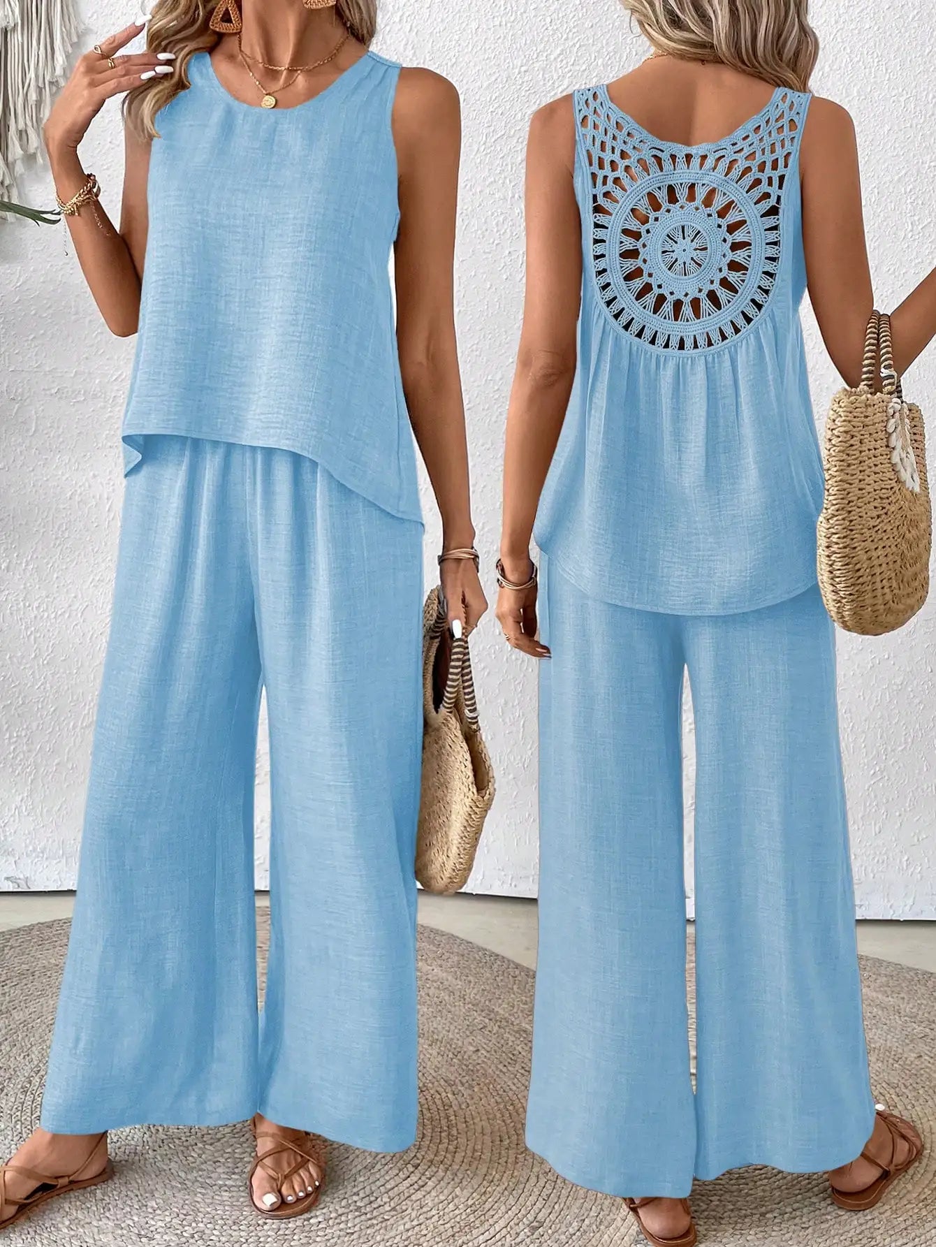 Sleeveless Top With Crochet Back And Wide Leg Pants Set Beige For Spring Summer