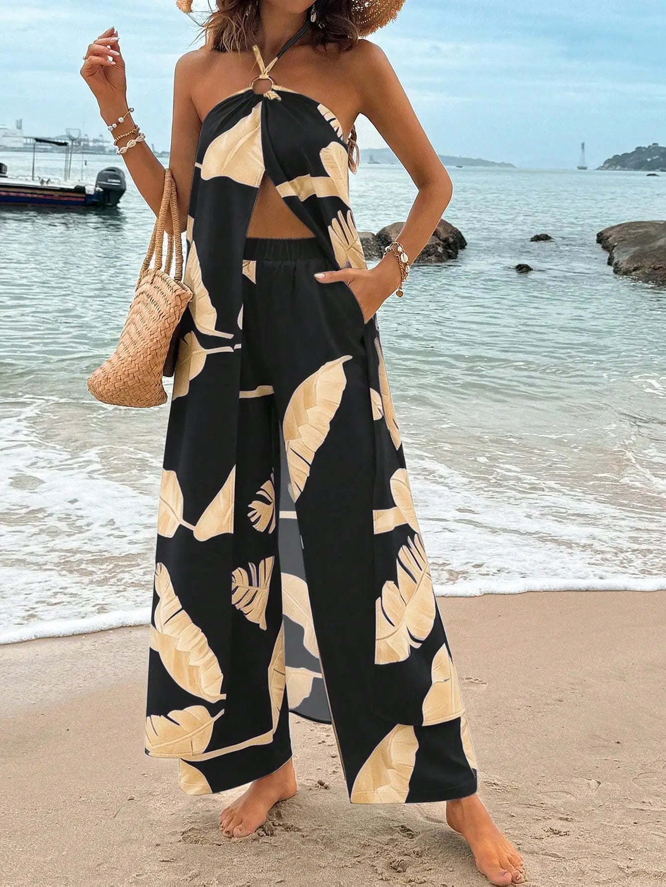 Women's Blue And White Striped Two Piece Set Halter Top Wide Leg Pants Vacation Casual Outfit