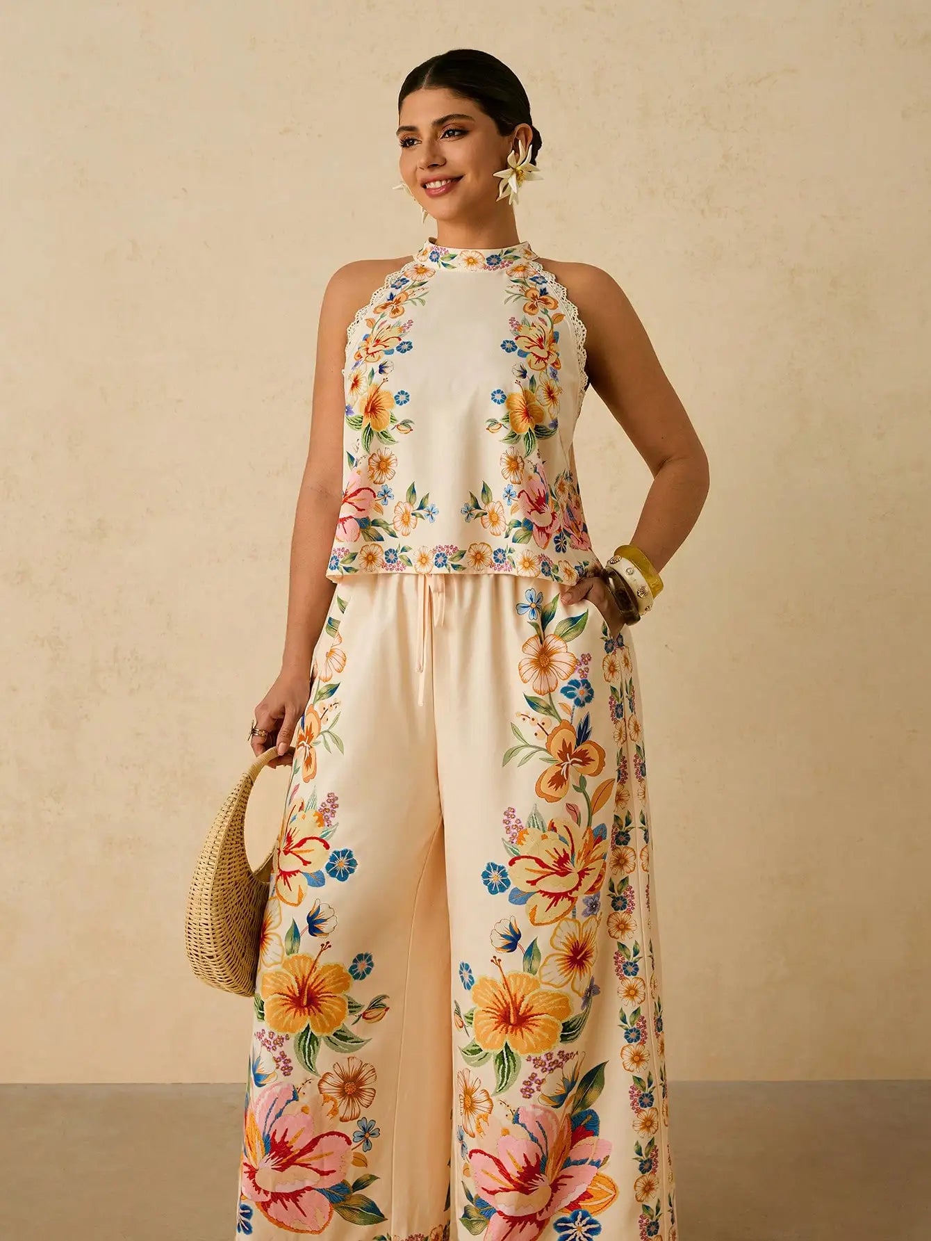 Floral Print Halter Neck Sleeveless Lace Trim 2 Piece Set Women Summer Boho Wide Leg Pants Outfit