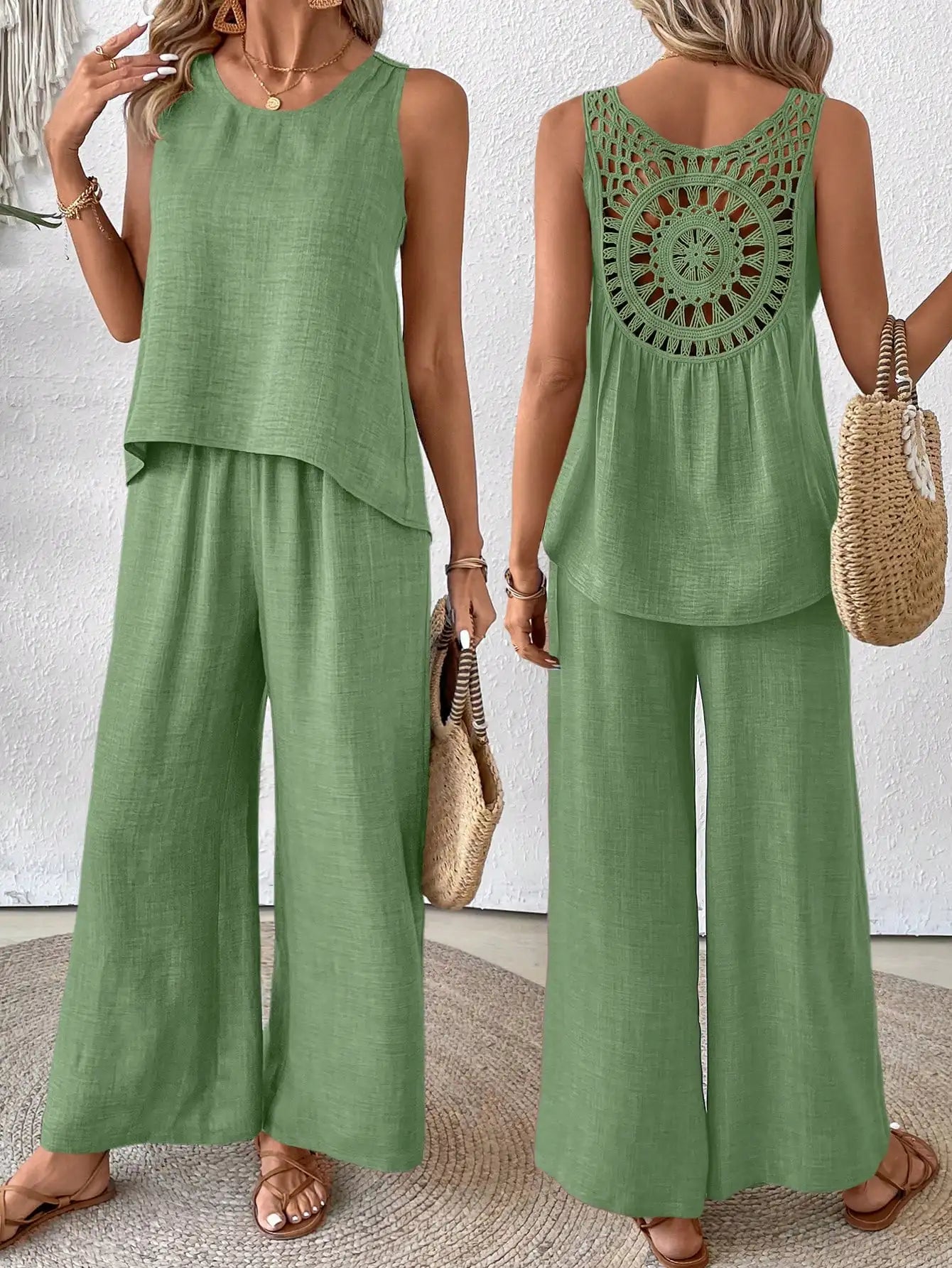 Sleeveless Top With Crochet Back And Wide Leg Pants Set Beige For Spring Summer