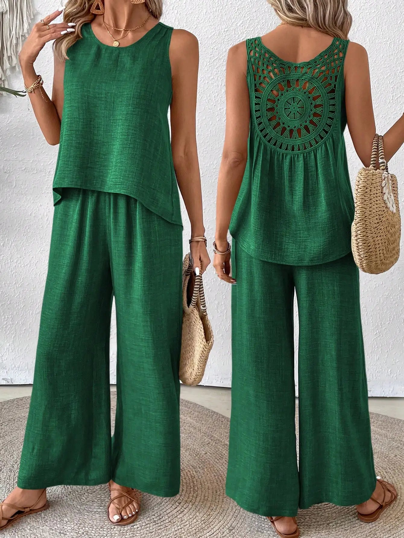 Sleeveless Top With Crochet Back And Wide Leg Pants Set Beige For Spring Summer