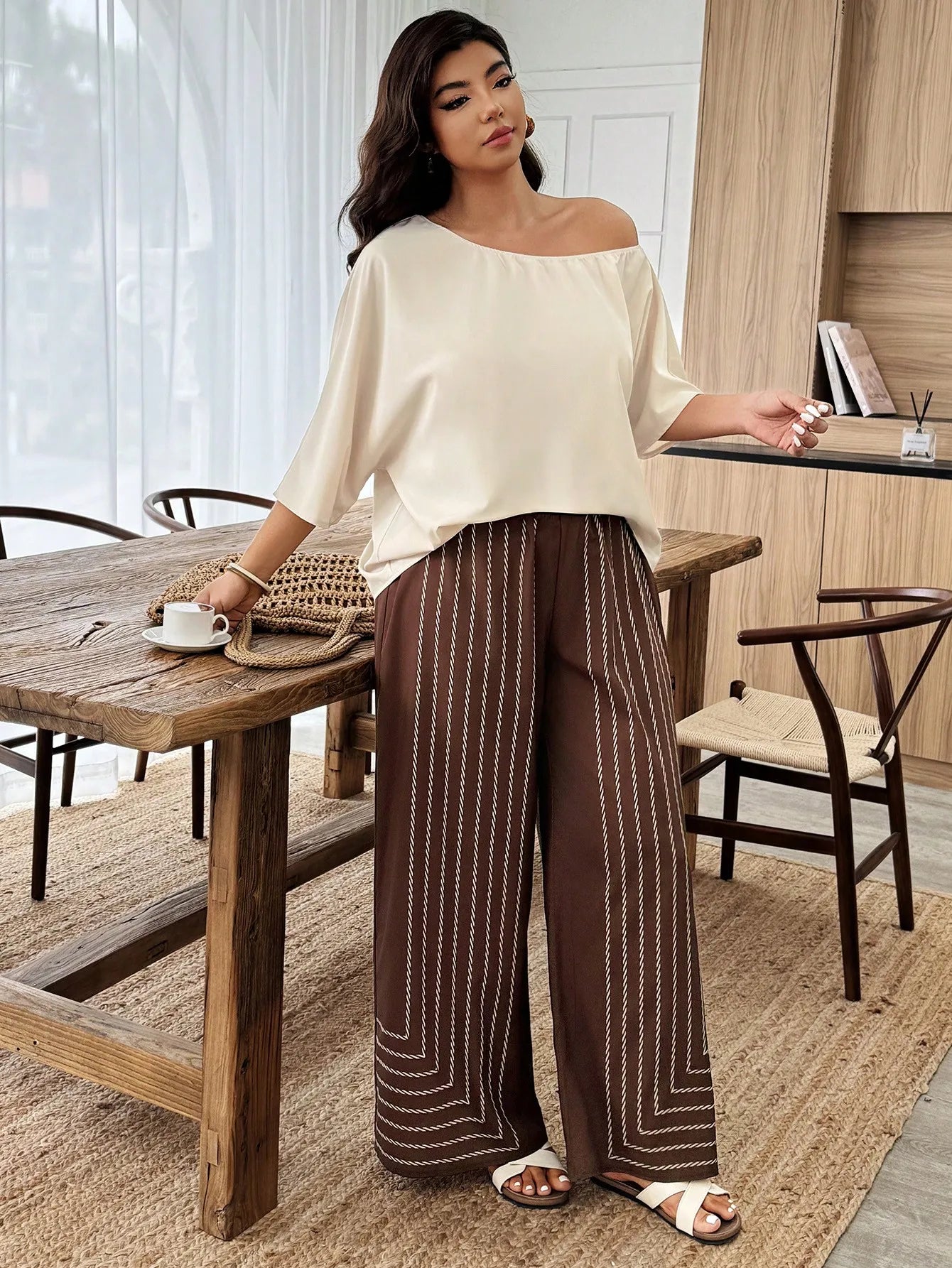 Plus Size Women 2-Piece Linen-Like Crinkle Top And Floral Print Wide Leg Pants Casual Spring Summer Outfit