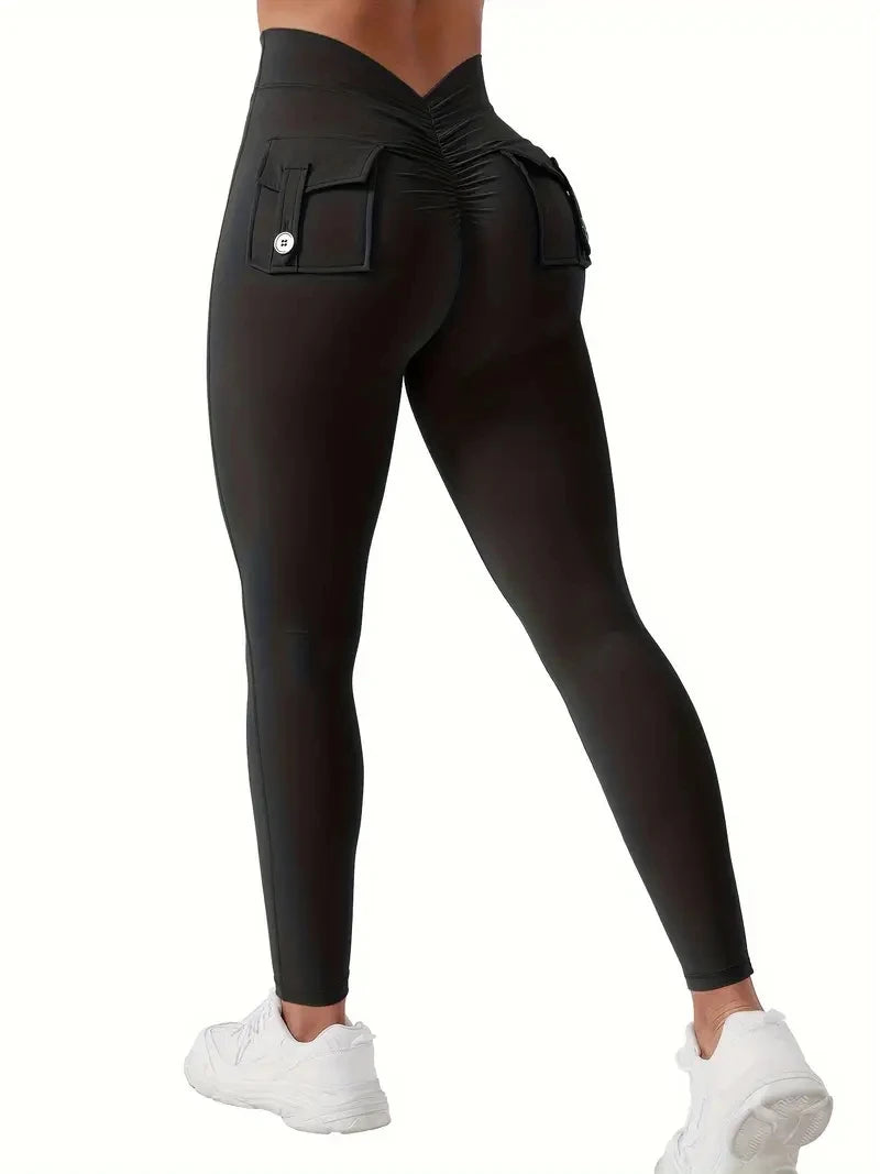 Women's High-Waisted Butt-Lifting V-Back Seamless Gym Yoga Leggings with Pockets