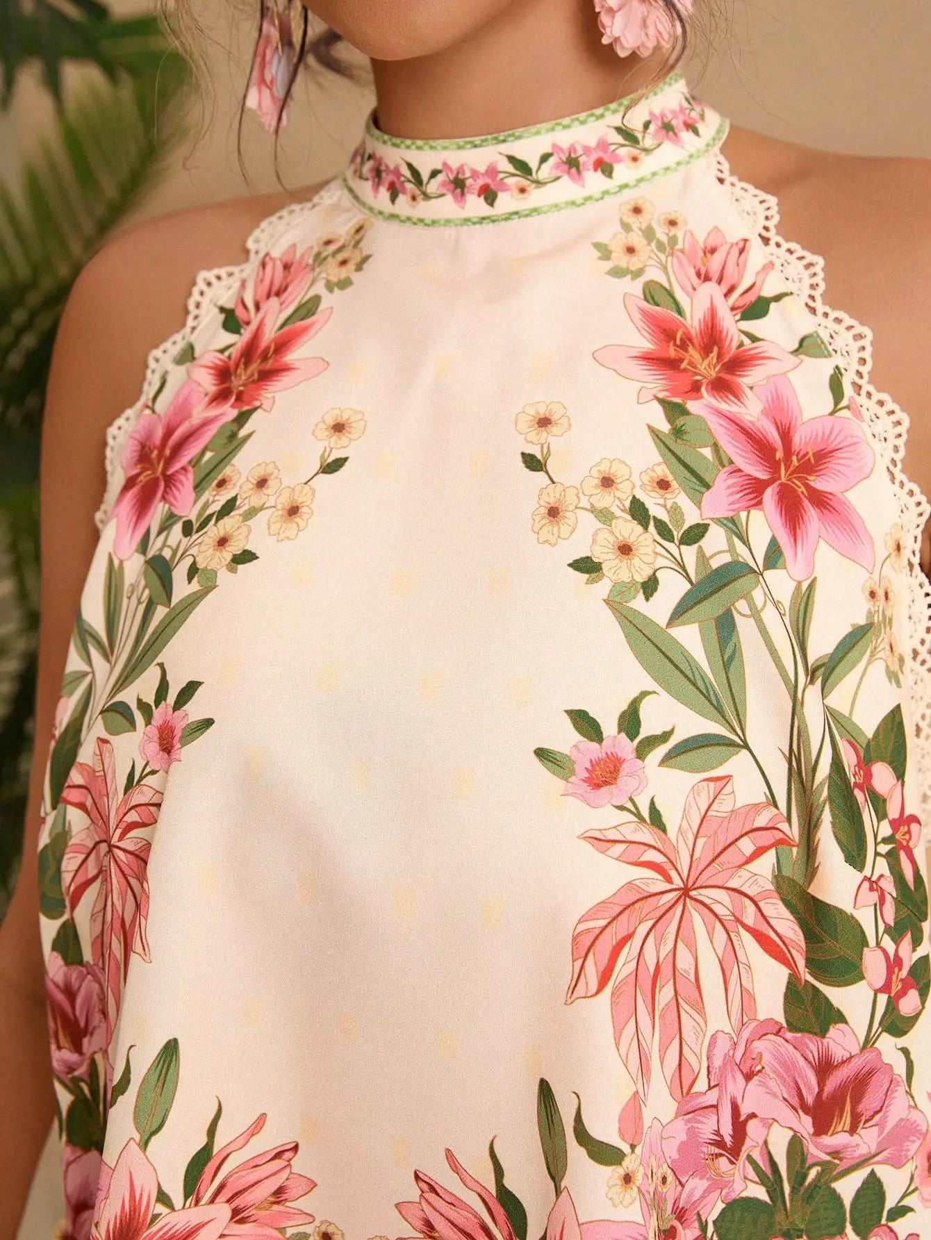Floral Print Halter Neck Sleeveless Lace Trim 2 Piece Set Women Summer Boho Wide Leg Pants Outfit