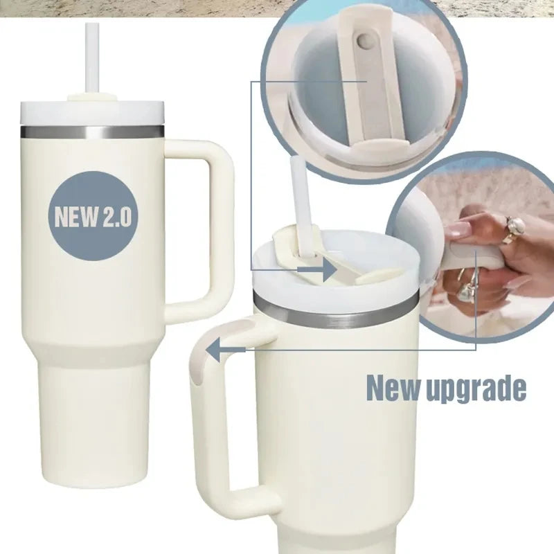40oz 2.0 Stainless Steel Vacuum Tumbler - Insulated Thermal Mug with Handle & Straw for Hot & Cold Coffee Drinks