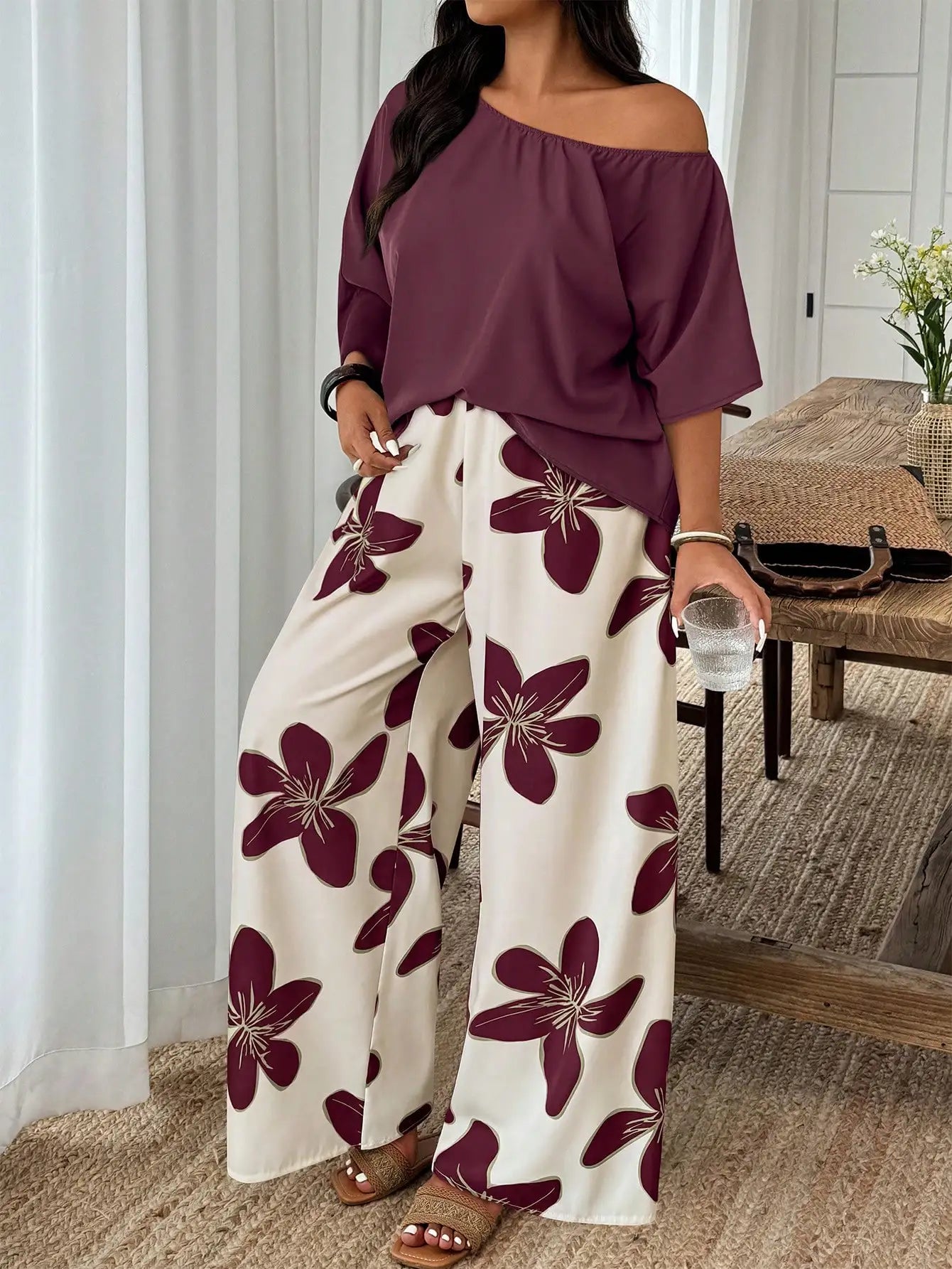 Plus Size Women 2-Piece Linen-Like Crinkle Top And Floral Print Wide Leg Pants Casual Spring Summer Outfit