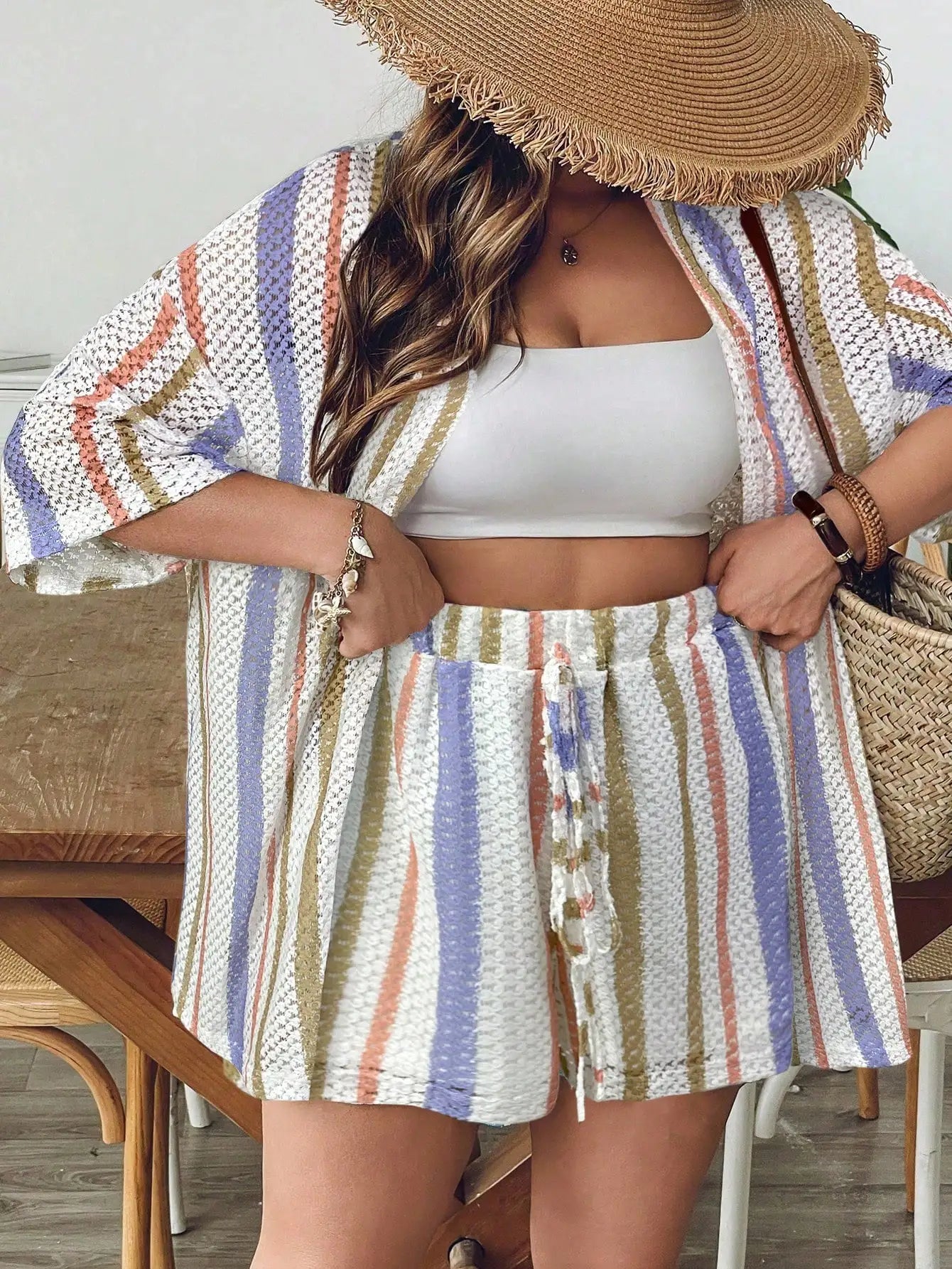 Women Blue White Striped Knit 2 Piece Set Summer Boho Chic Shorts And Kimono Cardigan Outfit