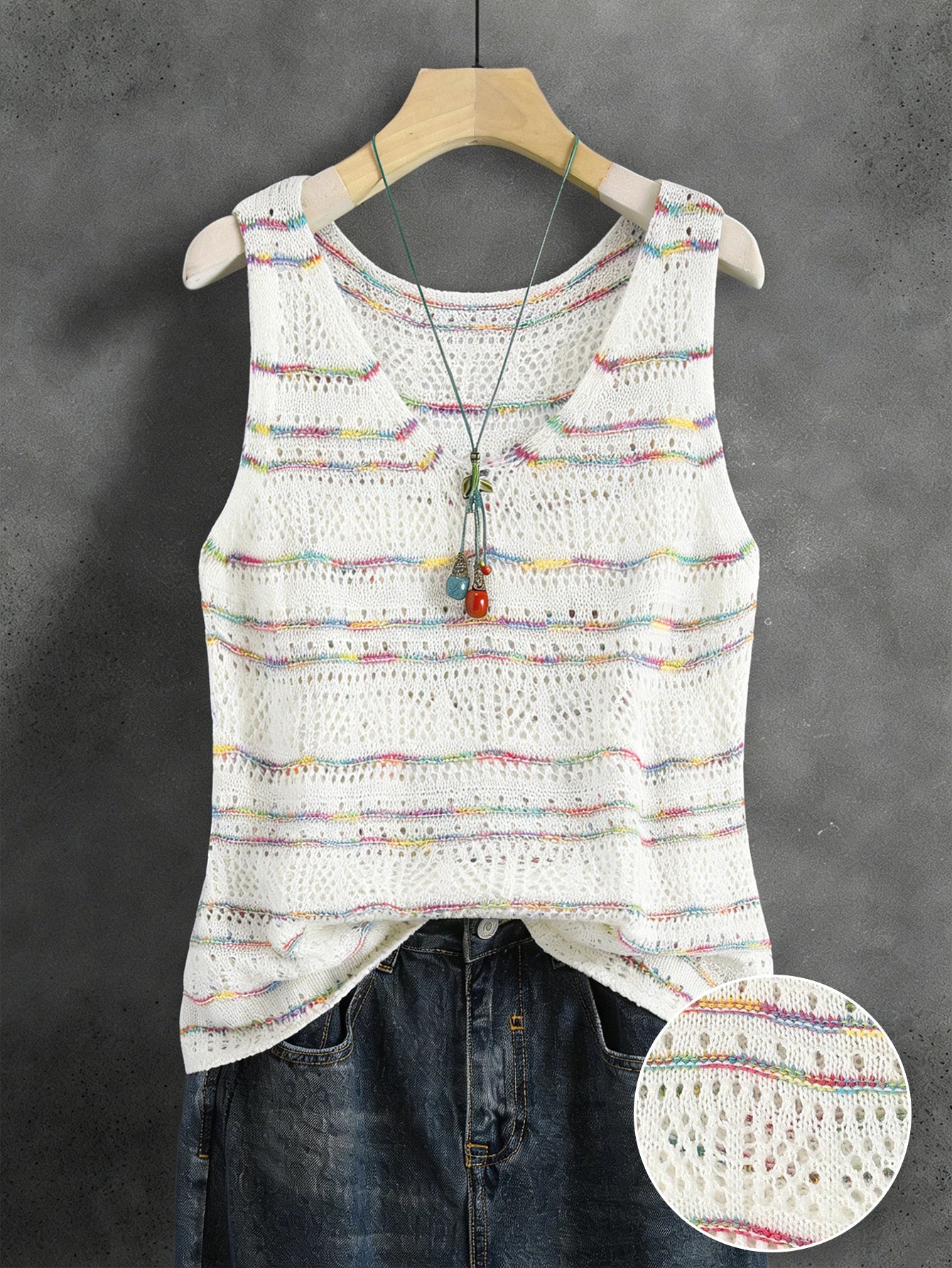 2026 New Style Women's Top Summer Knitted Sweater Elegant Colorful Hollow Stripes Sleeveless V-Neck Casual Pullover