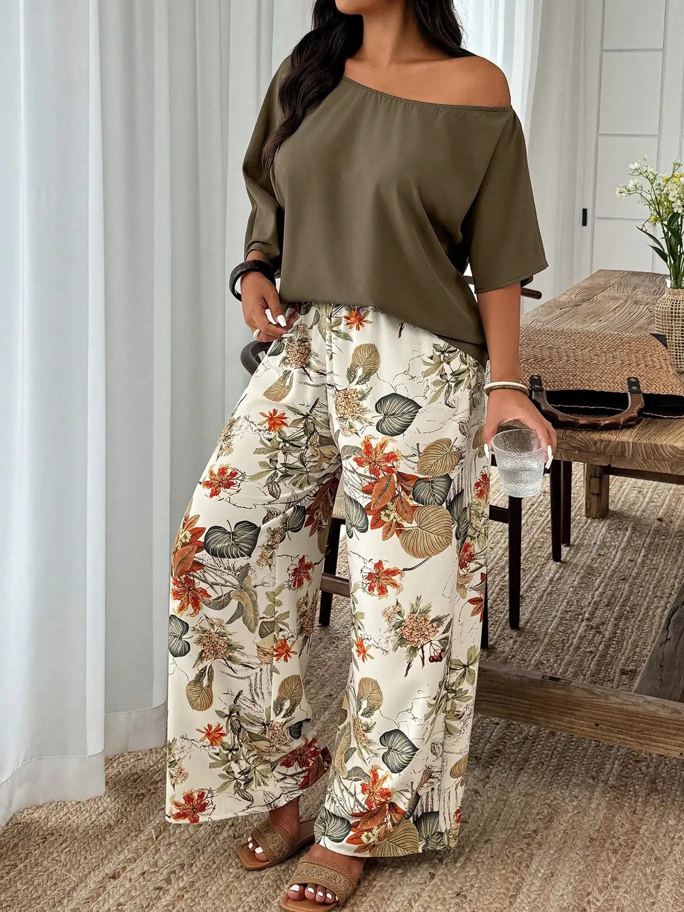 Plus Size Women 2-Piece Linen-Like Crinkle Top And Floral Print Wide Leg Pants Casual Spring Summer Outfit