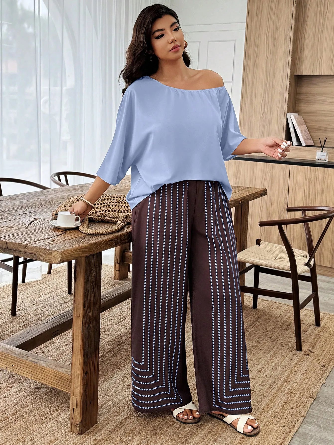 Plus Size Women 2-Piece Linen-Like Crinkle Top And Floral Print Wide Leg Pants Casual Spring Summer Outfit