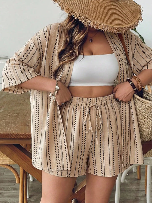 Women Blue White Striped Knit 2 Piece Set Summer Boho Chic Shorts And Kimono Cardigan Outfit