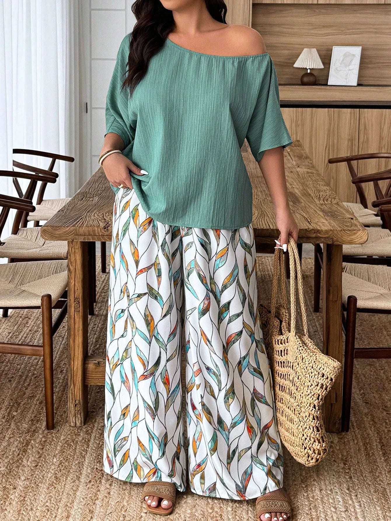 Plus Size Women 2-Piece Linen-Like Crinkle Top And Floral Print Wide Leg Pants Casual Spring Summer Outfit