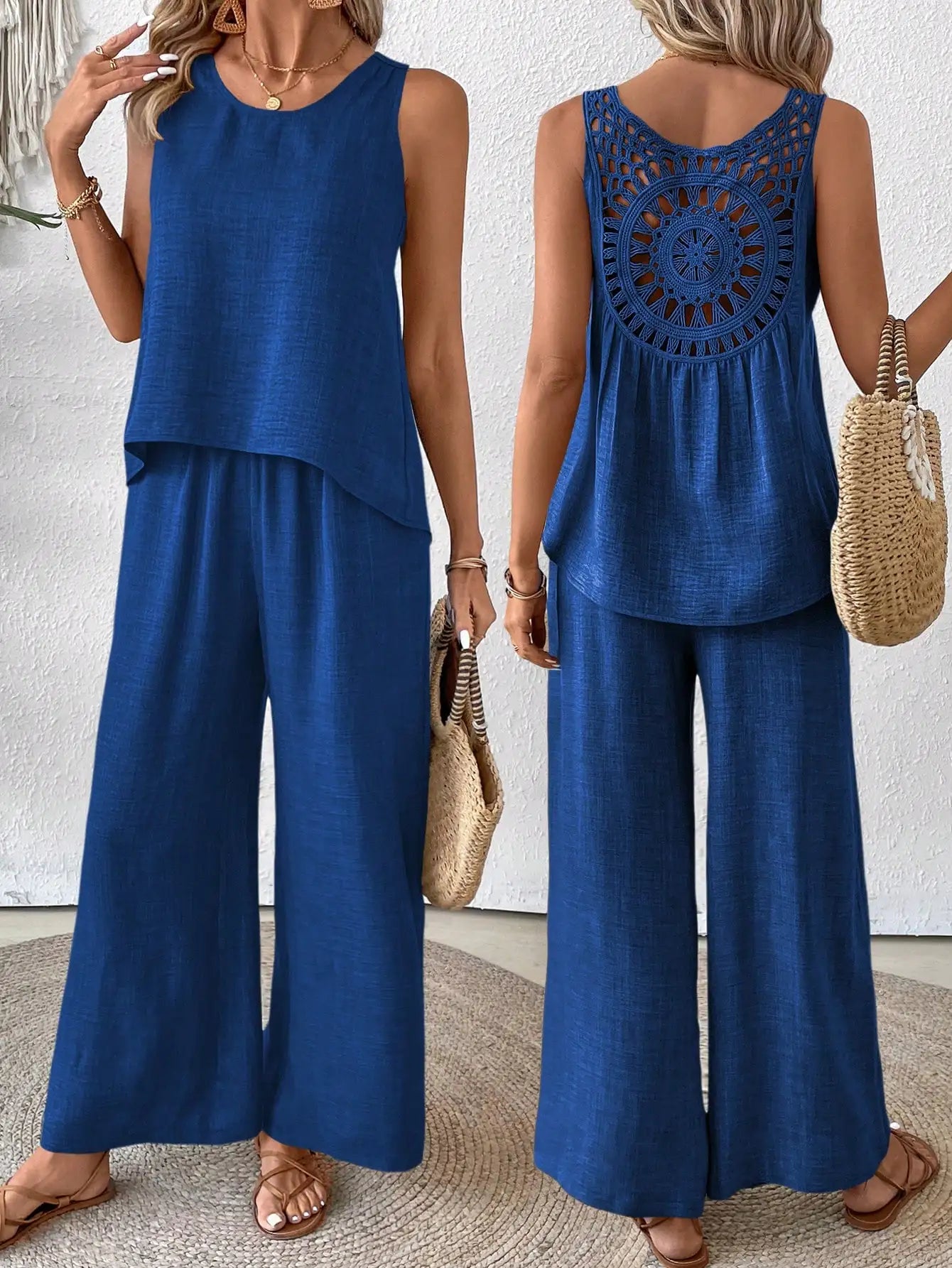 Sleeveless Top With Crochet Back And Wide Leg Pants Set Beige For Spring Summer