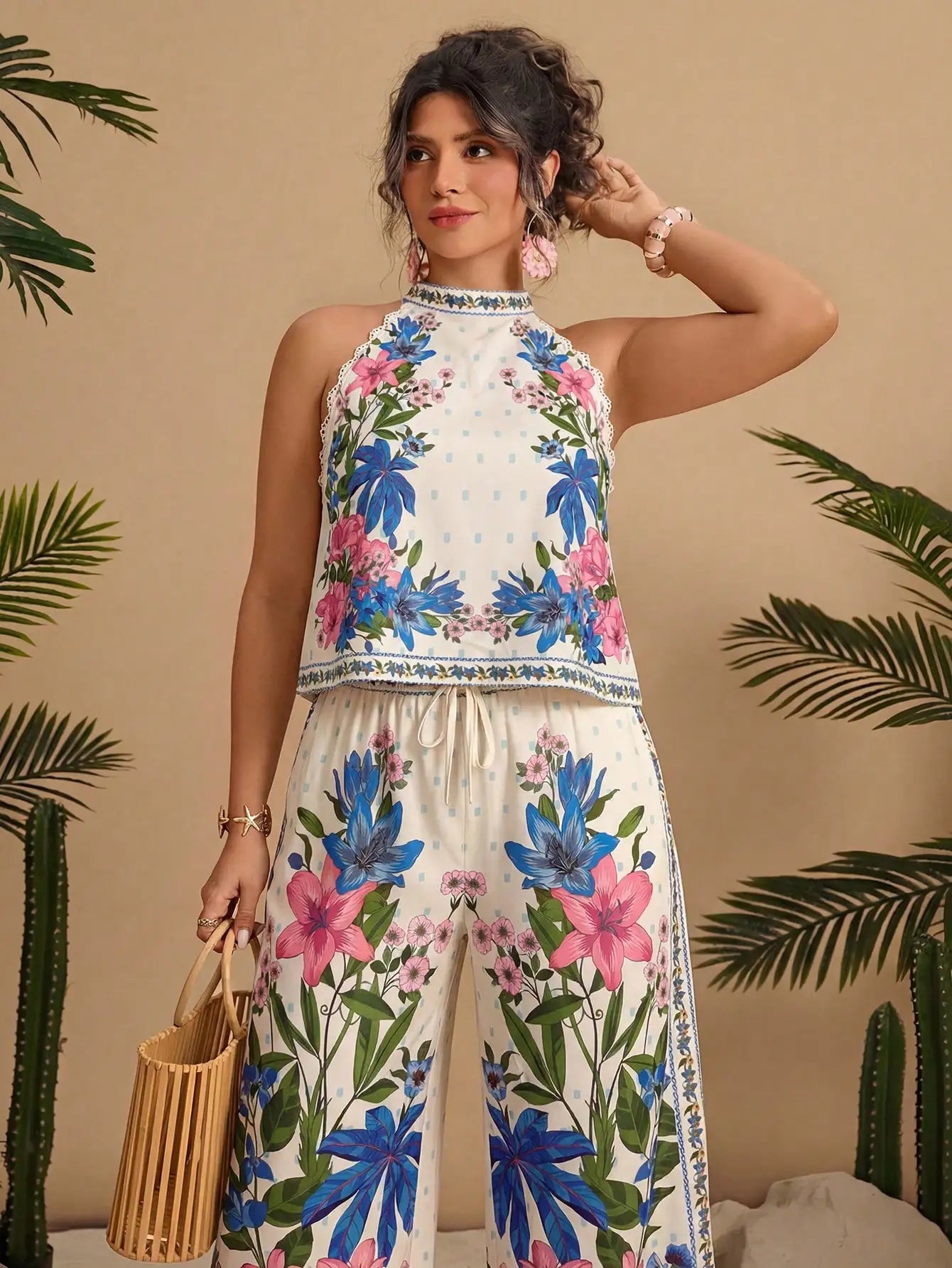 Floral Print Halter Neck Sleeveless Lace Trim 2 Piece Set Women Summer Boho Wide Leg Pants Outfit