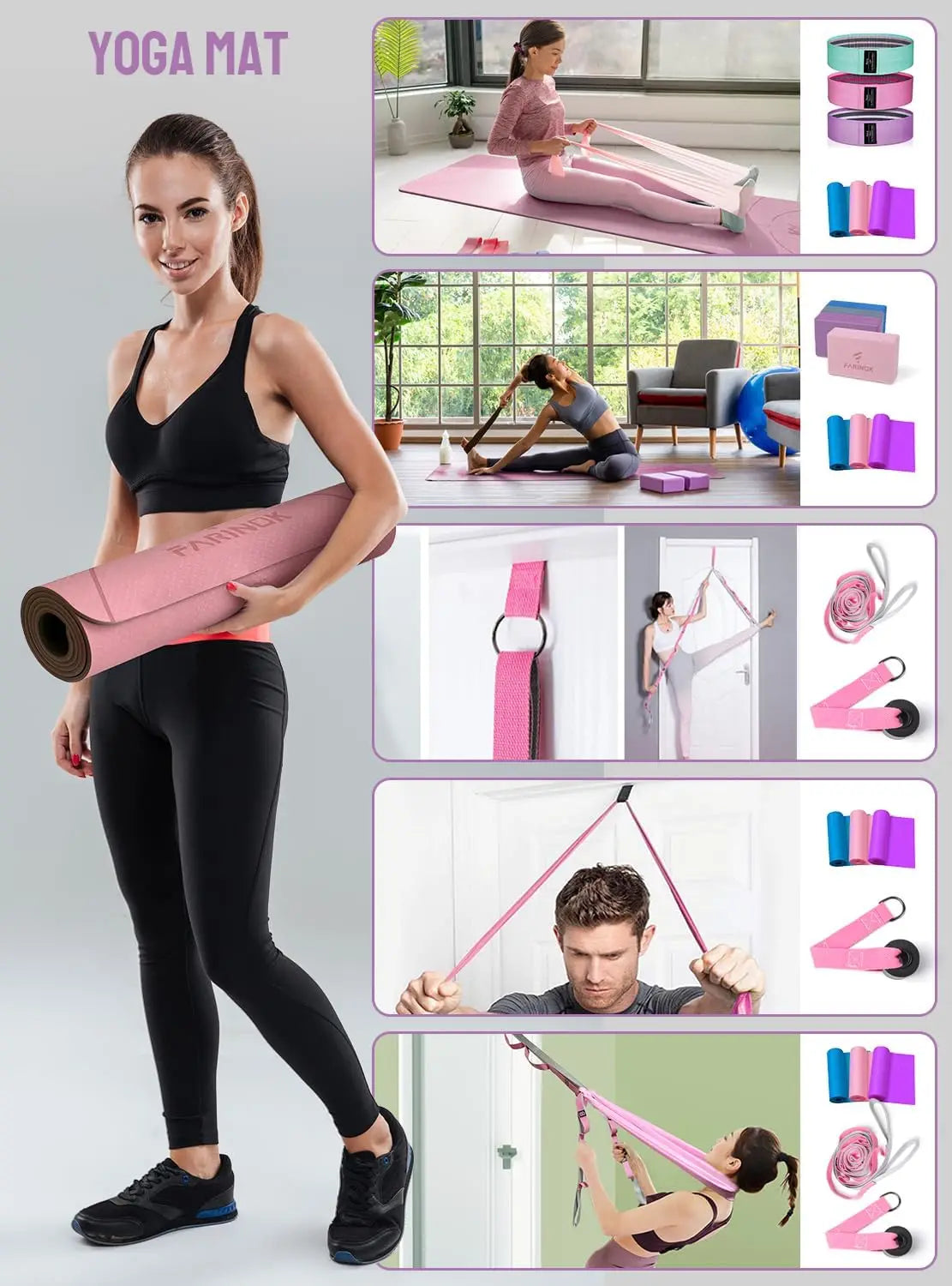 Thick Yoga Mat Set for Beginners with Blocks, Resistance Band, Door Anchor & Bag