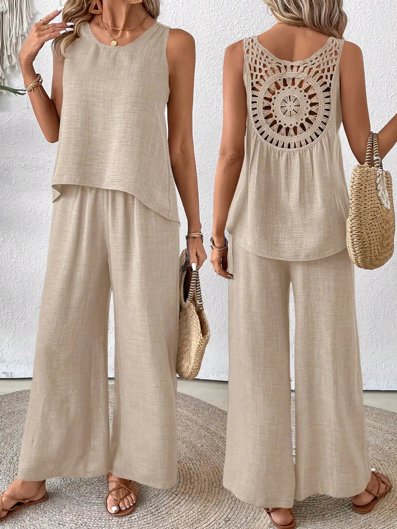 Sleeveless Top With Crochet Back And Wide Leg Pants Set Beige For Spring Summer