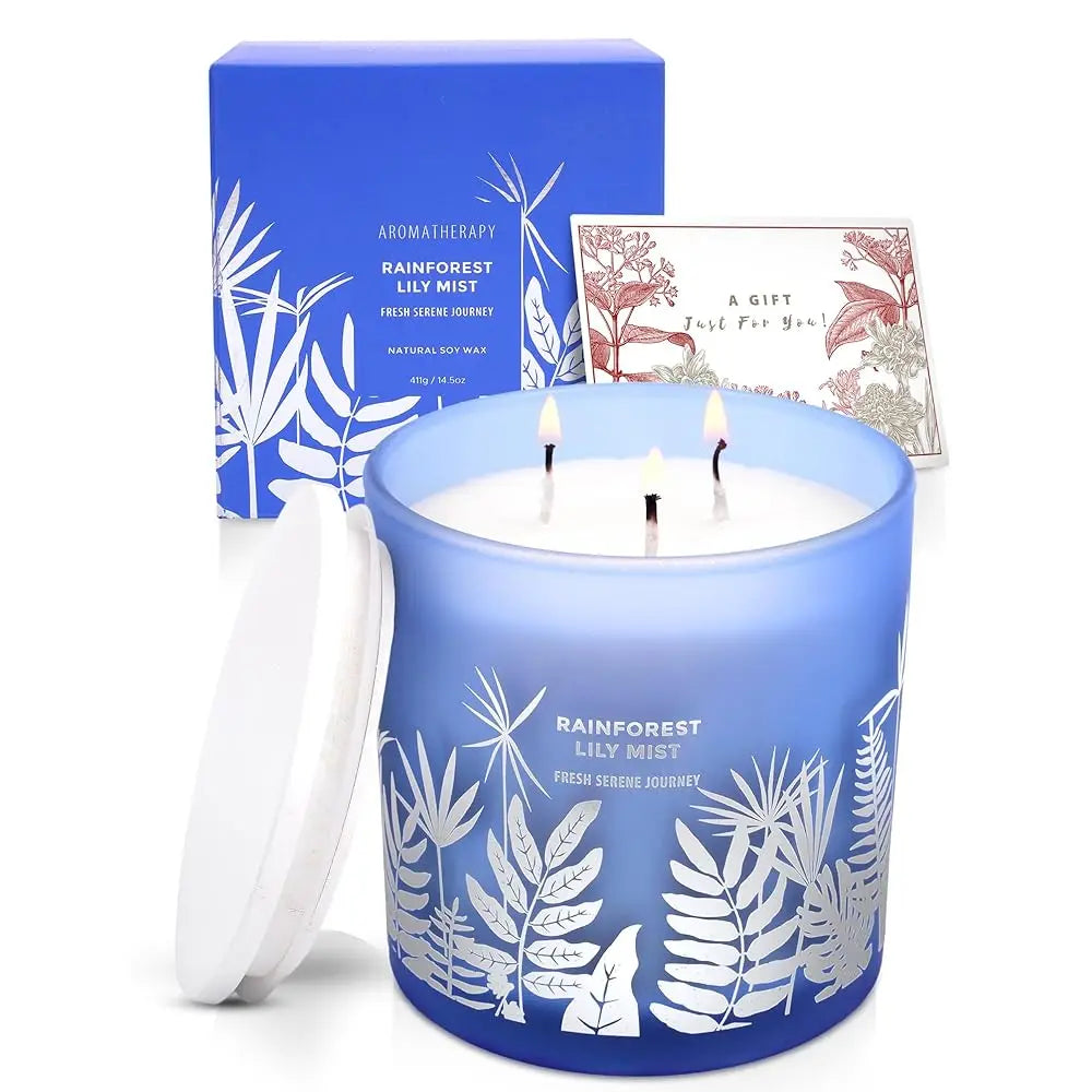 Large 3-Wick Soy Candle 14.5oz | Rainforest Lily Mist Scented Candle | Fresh Floral Aromatherapy Candle | Slow & Clean Burnin