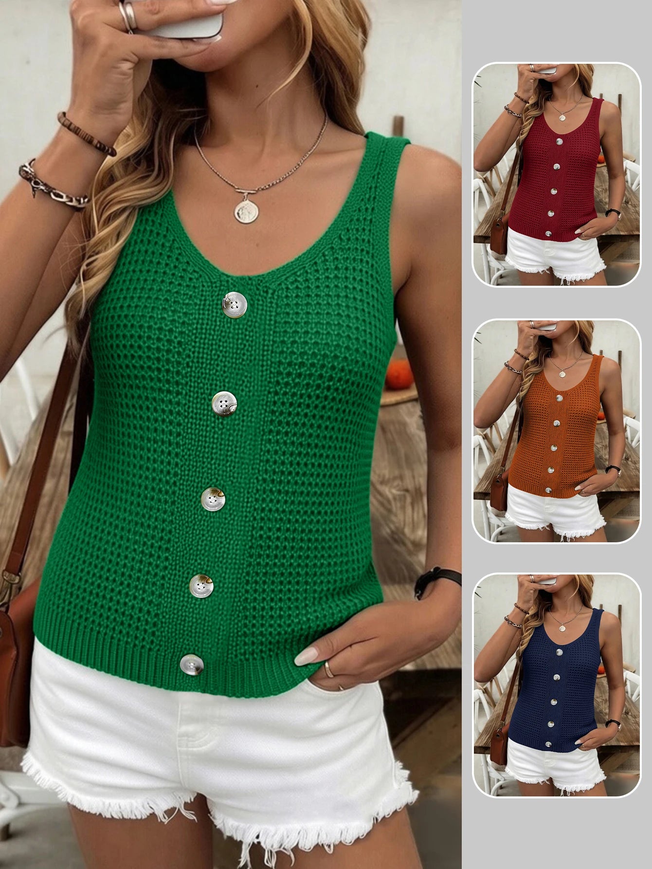 Reversible Faux Button 2026 New Summer V-Neck Sleeveless Knitted Vest, Elegant Commute Top for Women