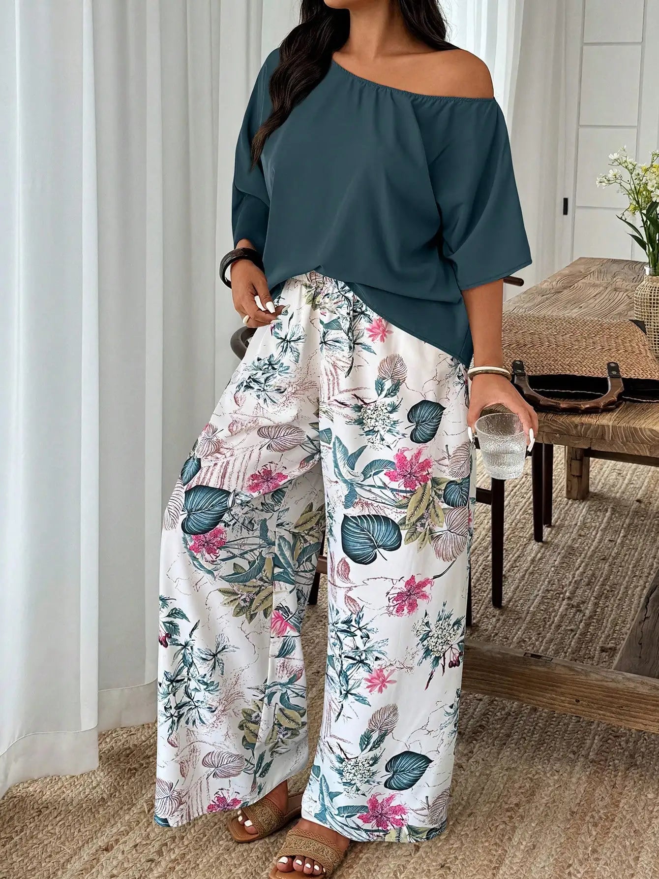 Plus Size Women 2-Piece Linen-Like Crinkle Top And Floral Print Wide Leg Pants Casual Spring Summer Outfit