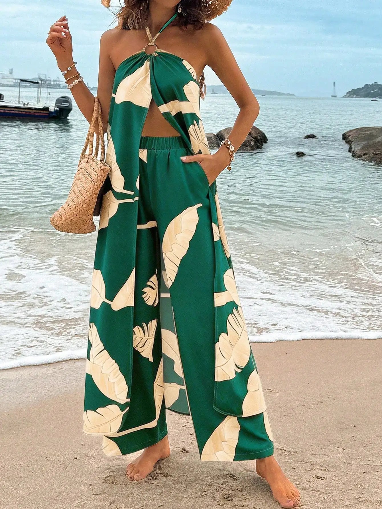 Women's Blue And White Striped Two Piece Set Halter Top Wide Leg Pants Vacation Casual Outfit