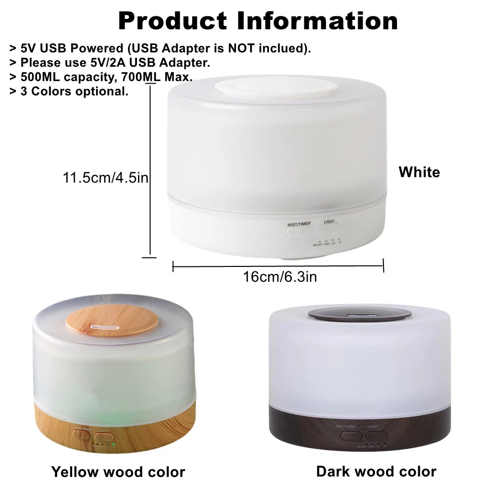 500ML Aroma Diffuser Max. 700ML 5V USB Powered Air Humidifier With Remote Control, Colorful Night Lights, Essential Oil Diffuser