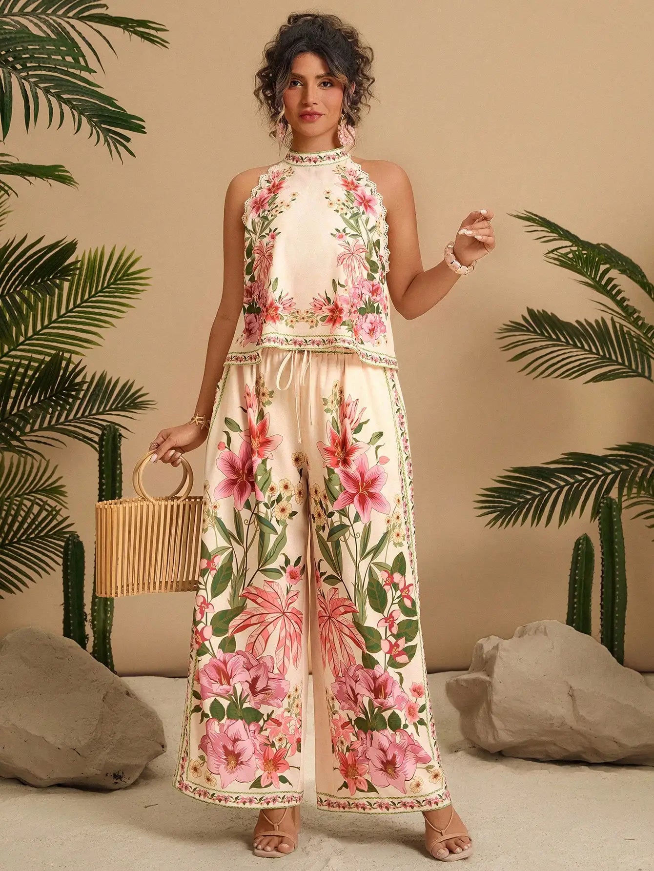 Floral Print Halter Neck Sleeveless Lace Trim 2 Piece Set Women Summer Boho Wide Leg Pants Outfit