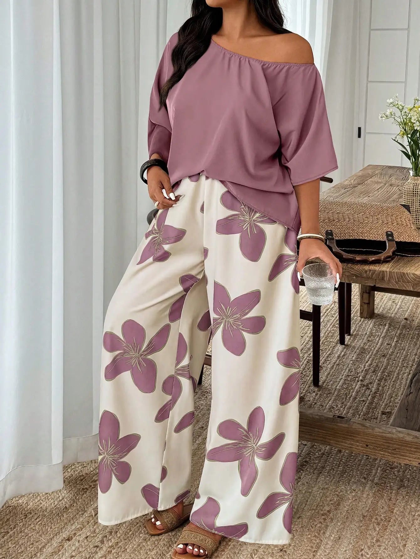 Plus Size Women 2-Piece Linen-Like Crinkle Top And Floral Print Wide Leg Pants Casual Spring Summer Outfit