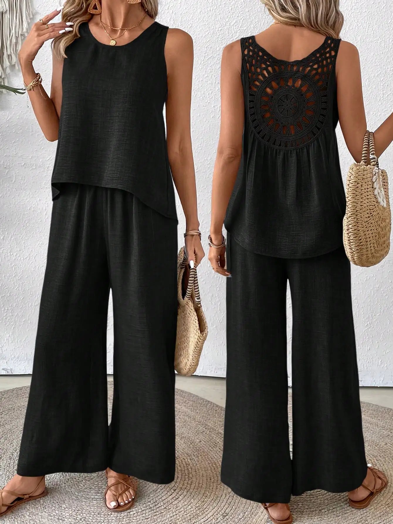 Sleeveless Top With Crochet Back And Wide Leg Pants Set Beige For Spring Summer