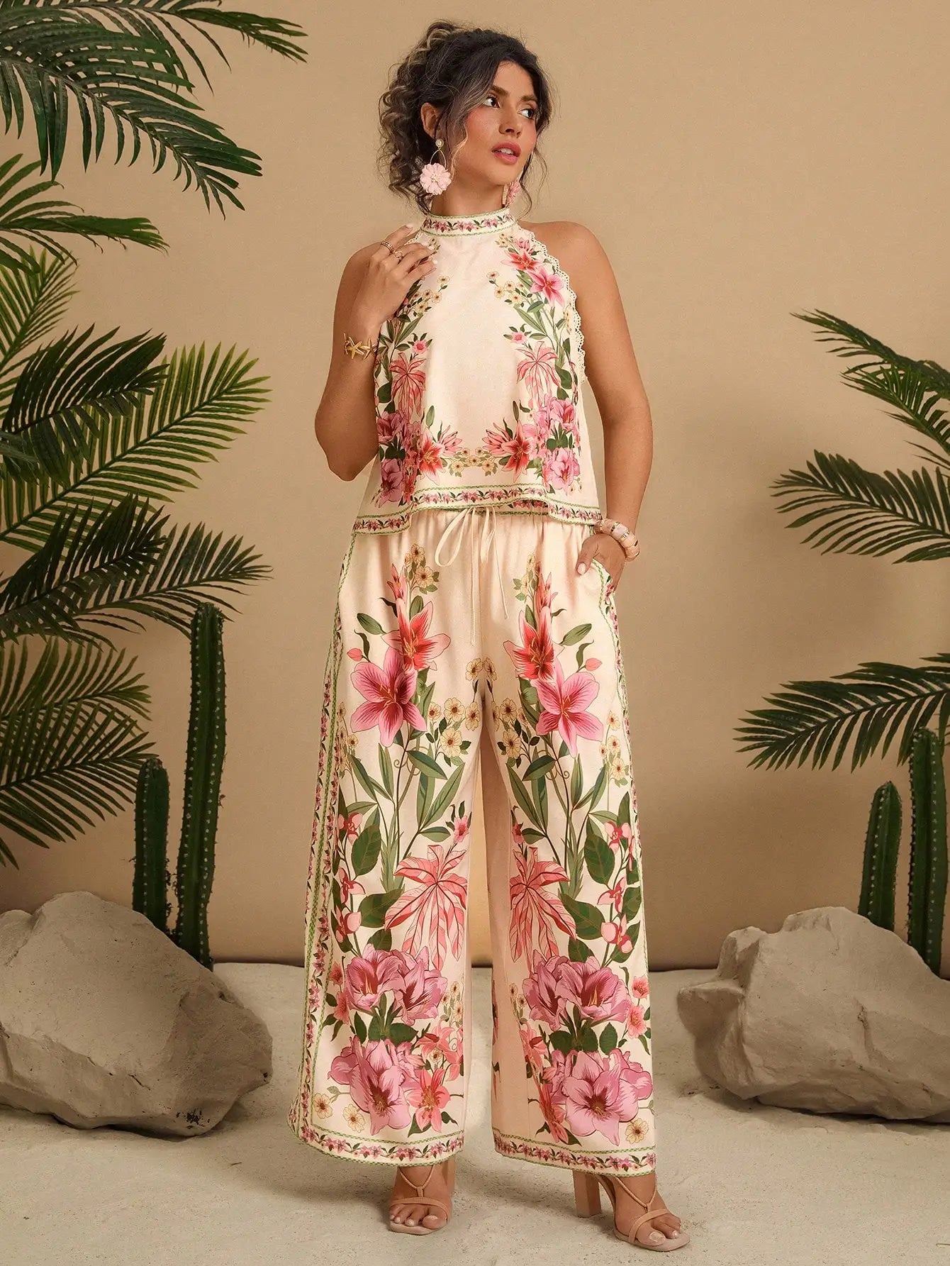 Floral Print Halter Neck Sleeveless Lace Trim 2 Piece Set Women Summer Boho Wide Leg Pants Outfit