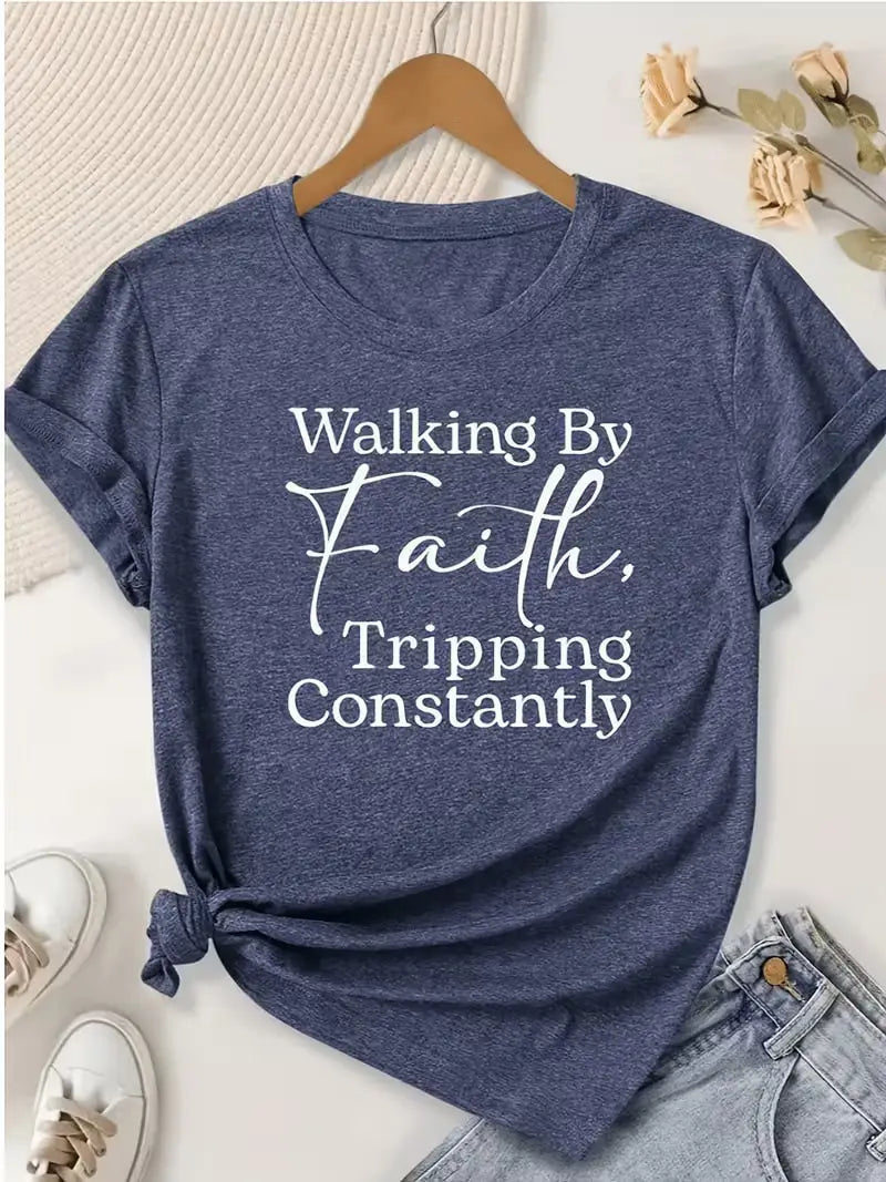Plus size women's short sleeve T-shirt Walking By Faith Tripping Constantly breathable fabric summer outfits women's clothing