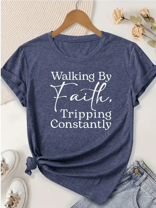 Plus size women's short sleeve T-shirt Walking By Faith Tripping Constantly breathable fabric summer outfits women's clothing