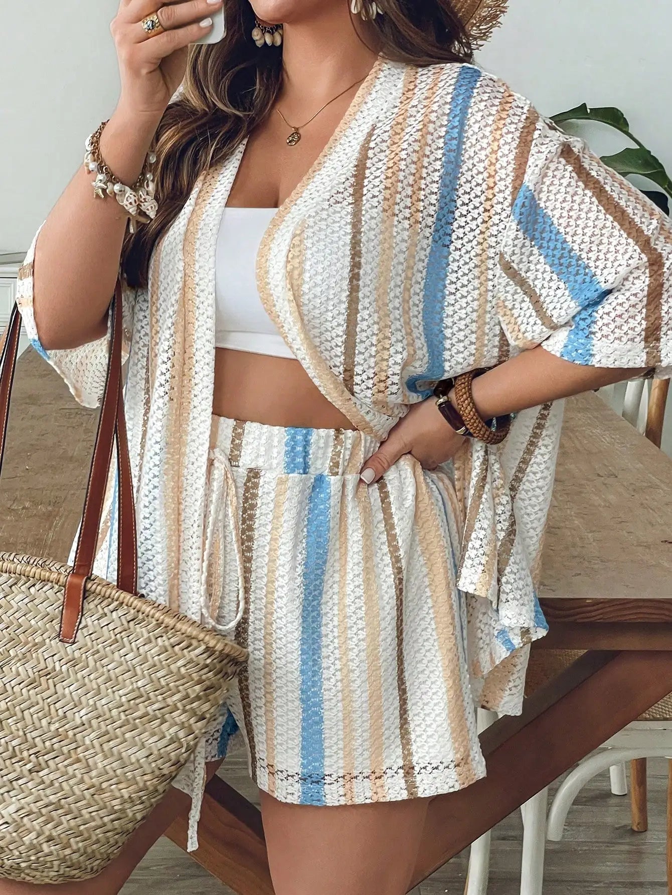 Women Blue White Striped Knit 2 Piece Set Summer Boho Chic Shorts And Kimono Cardigan Outfit