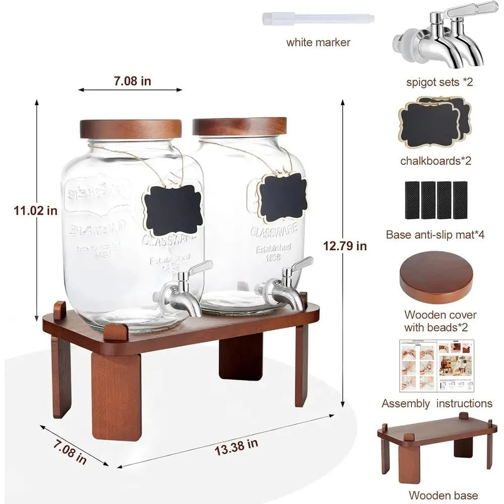 Double Glass Beverage Dispenser with Wooden Stand, Stainless Steel Spigot for Lemonade, Punch, Cocktails, and Iced Tea