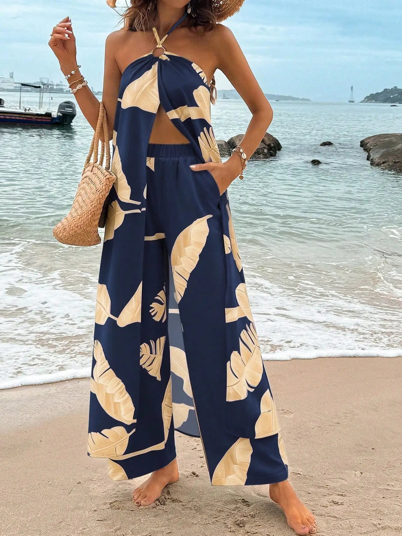 Women's Blue And White Striped Two Piece Set Halter Top Wide Leg Pants Vacation Casual Outfit