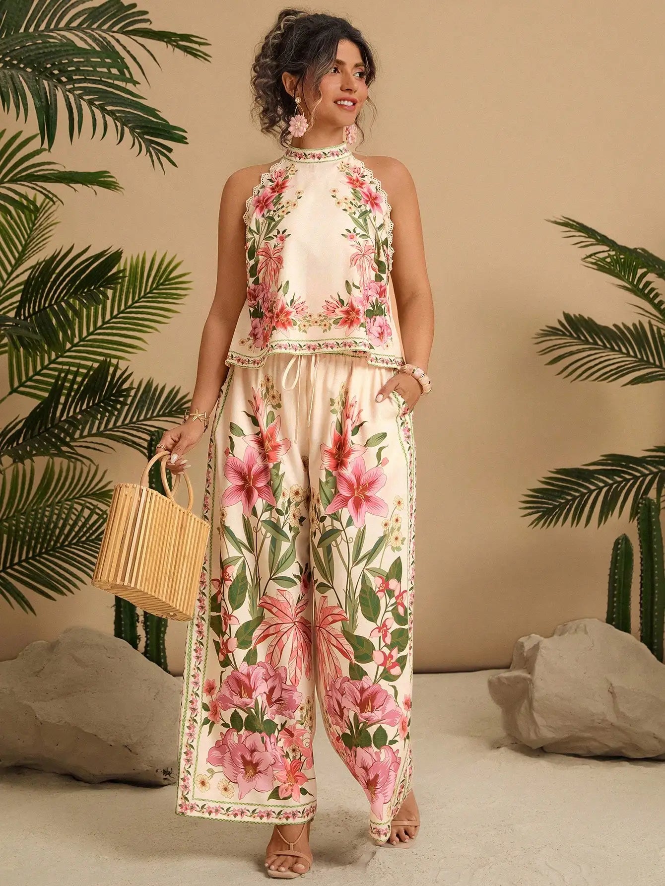 Floral Print Halter Neck Sleeveless Lace Trim 2 Piece Set Women Summer Boho Wide Leg Pants Outfit